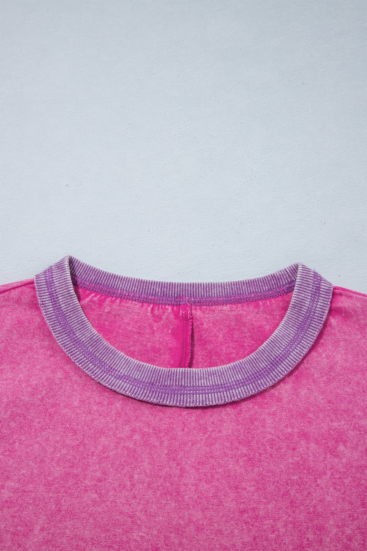 Strawberry Pink 100% Cotton Mineral Wash Color Block Trim Bracelet Sleeve Pullover Top