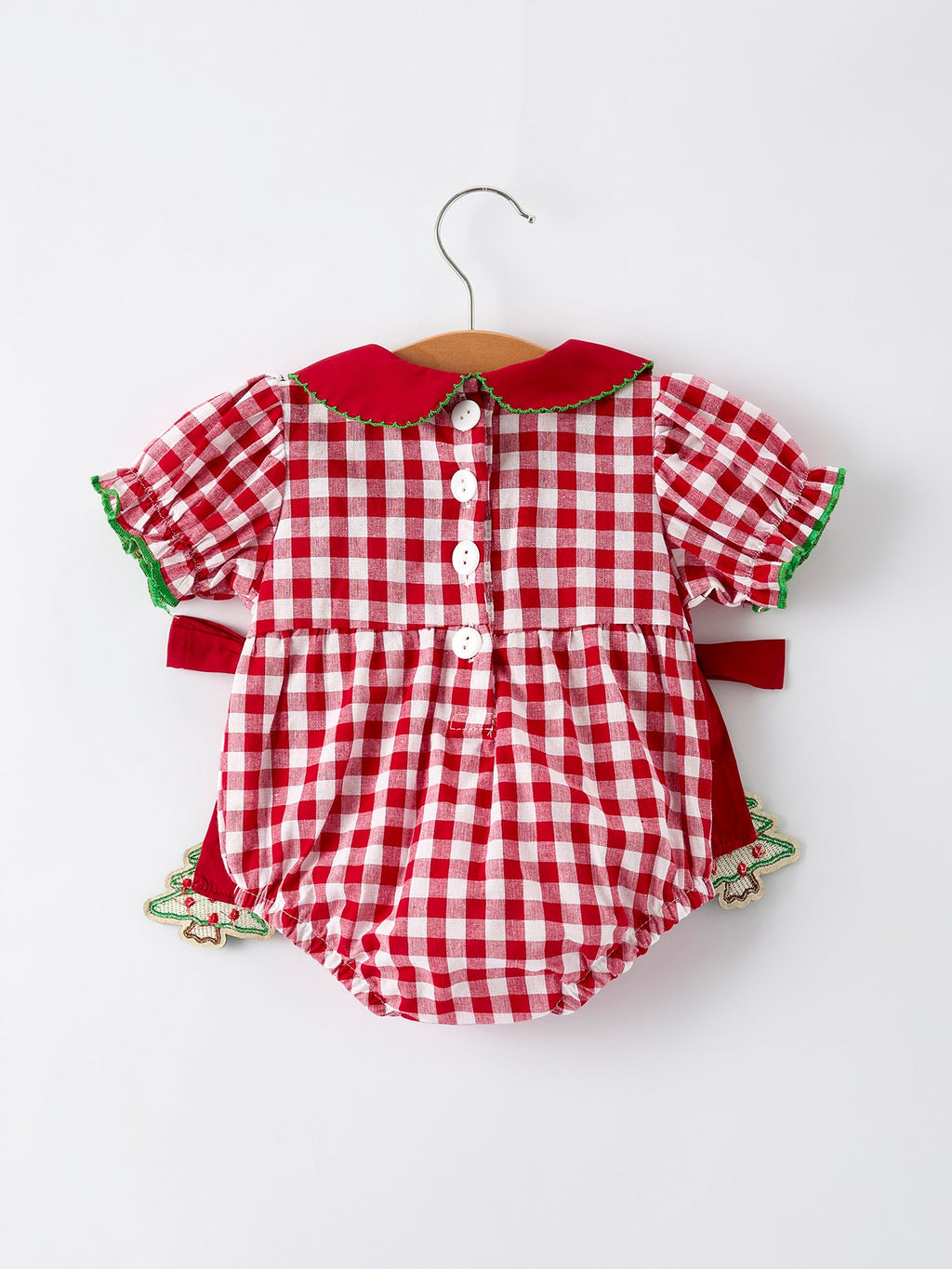 Baby Girls Christmas Outfit – Red Plaid Romper with Tree Bow Accents