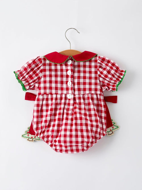 Baby Girls Christmas Outfit – Red Plaid Romper with Tree Bow Accents