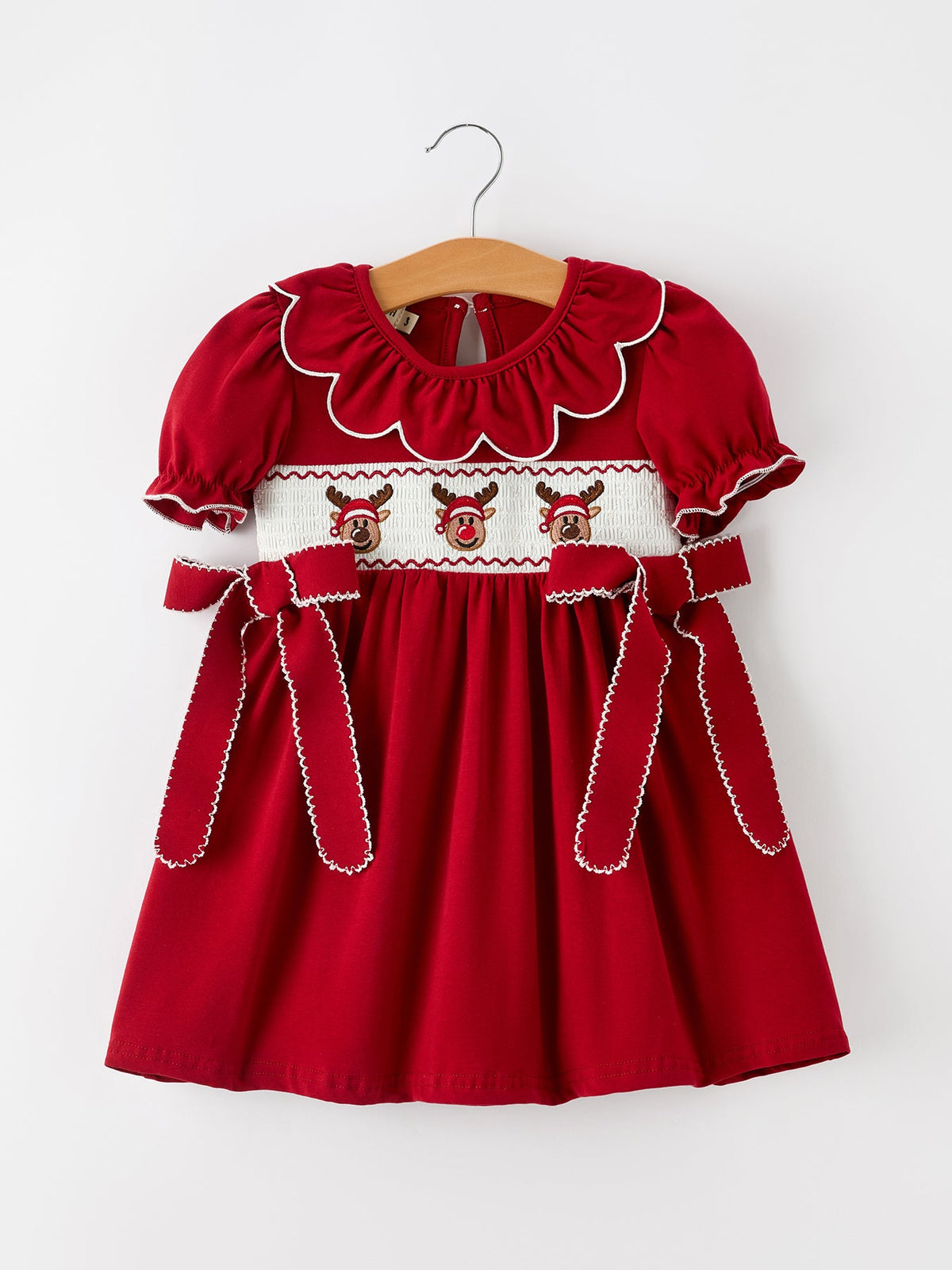 Girls Christmas Reindeer Smocked Red Bow Dress