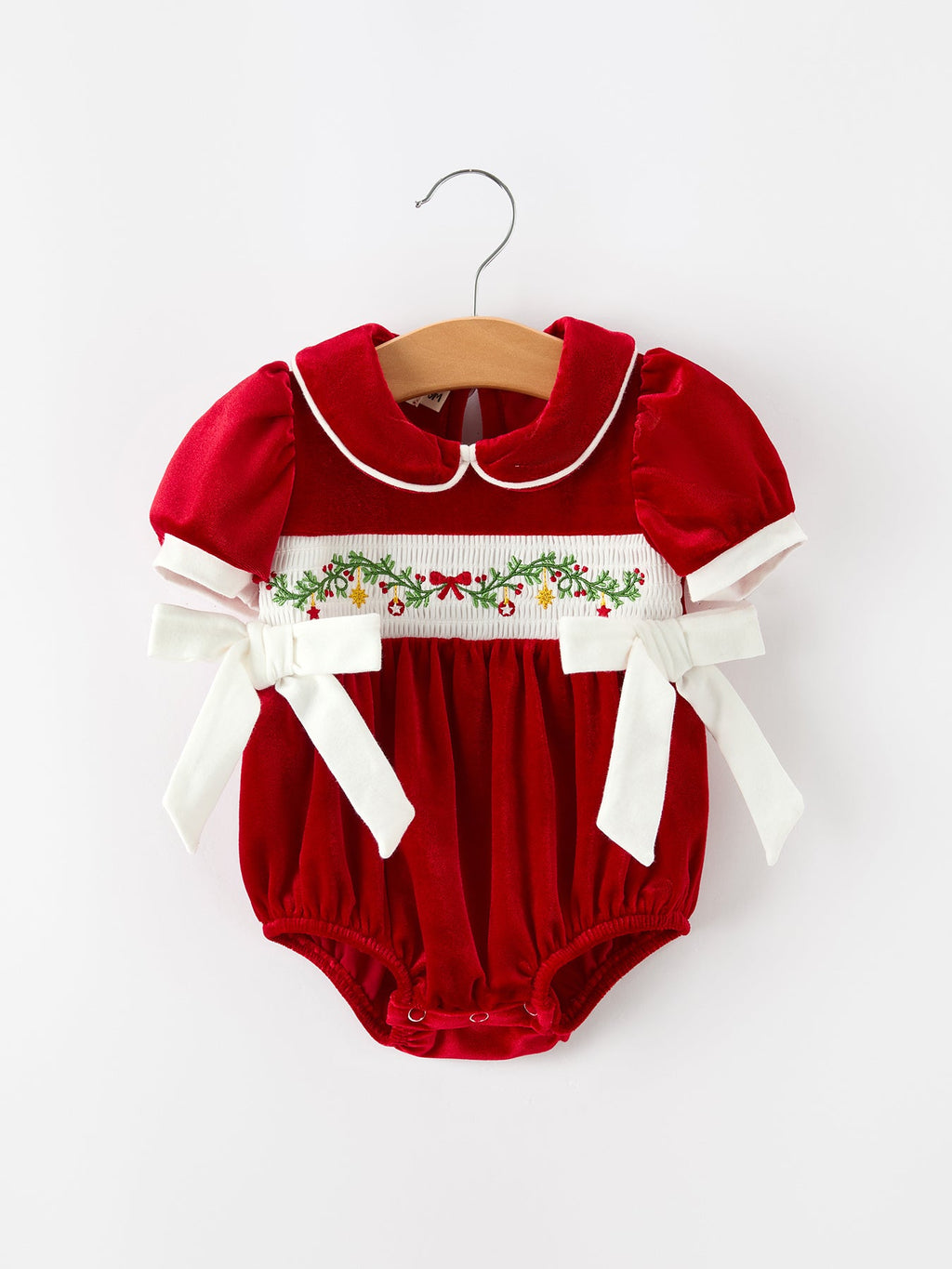 Christmas Velvet Baby Romper Smocked Embroidery Bow
