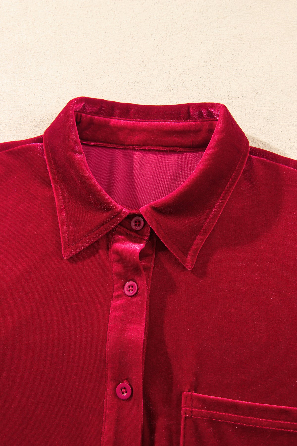 Fiery Red Soft Velvet Patch Pocket Button Down Loose Shirt PREORDER ETA 3 WEEKS