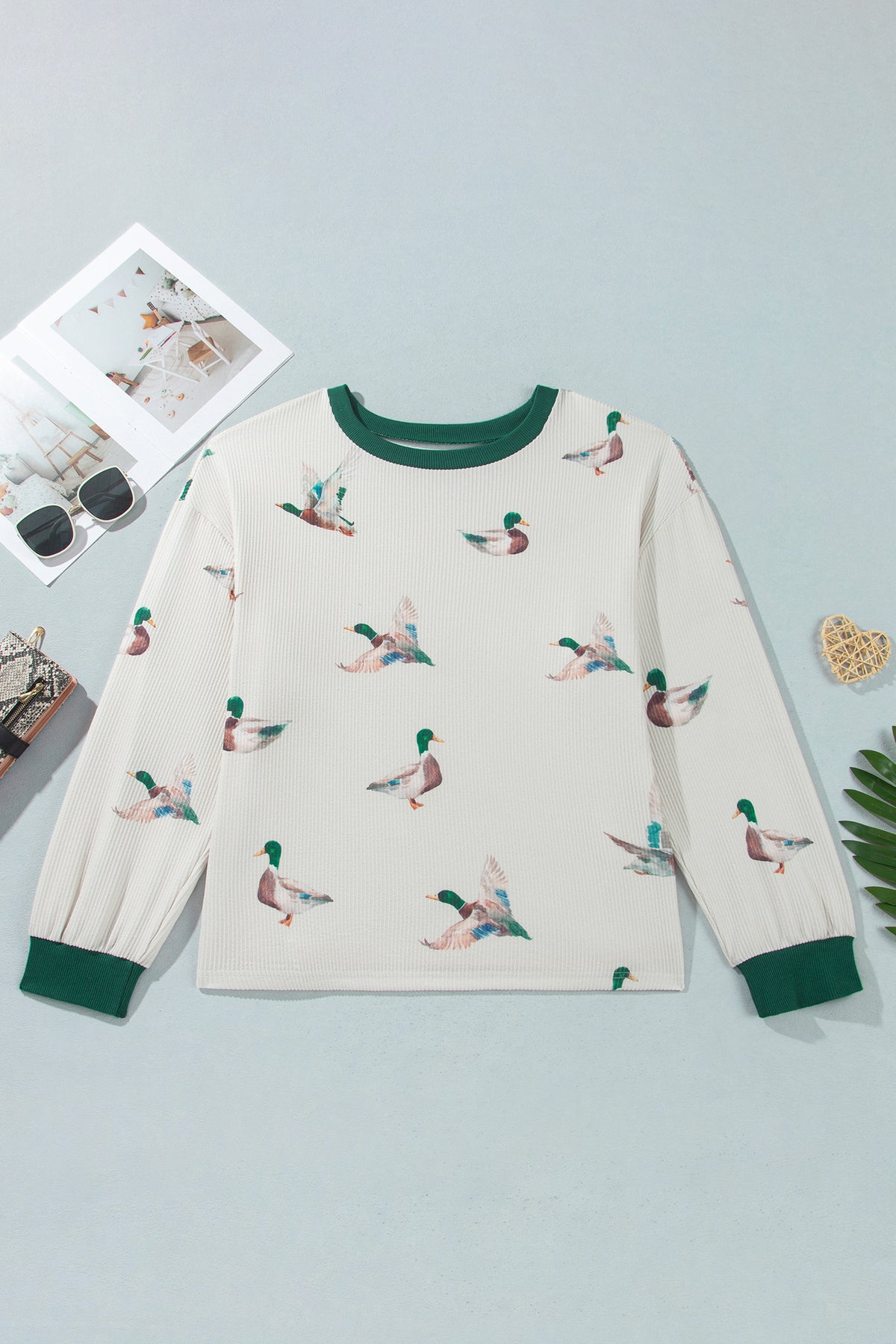 Beige Mallard Duck Print Plus Size Twisted Ribbed Top PREORDER ETA 3 WEEKS