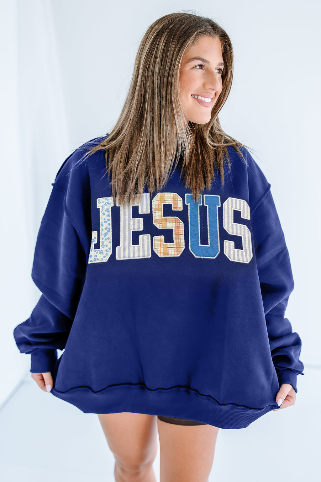 Navy Blue JESUS Mixed Pattern Embroidered Patch Graphic Mock Neck Sweatshirt PREORDER ETA 3 WEEKS