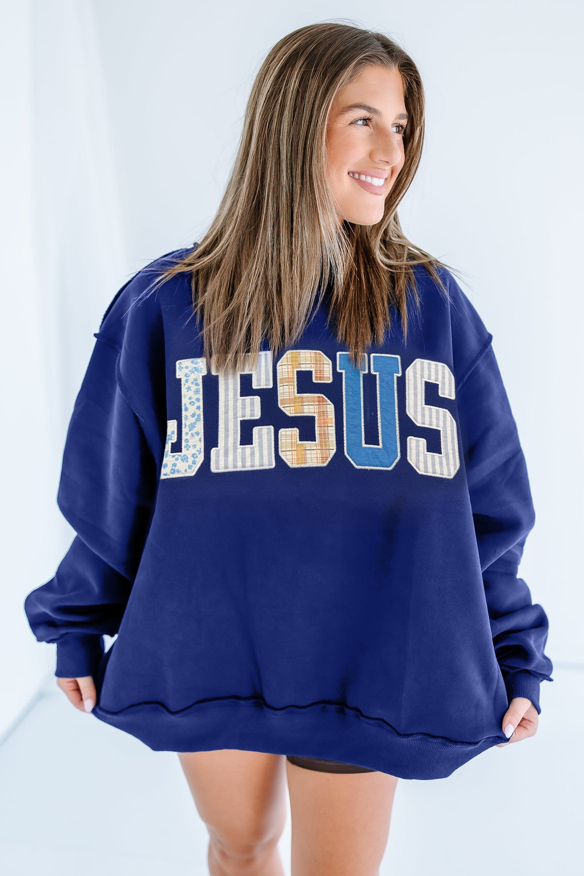 Navy Blue JESUS Mixed Pattern Embroidered Patch Graphic Mock Neck Sweatshirt PREORDER ETA 3 WEEKS