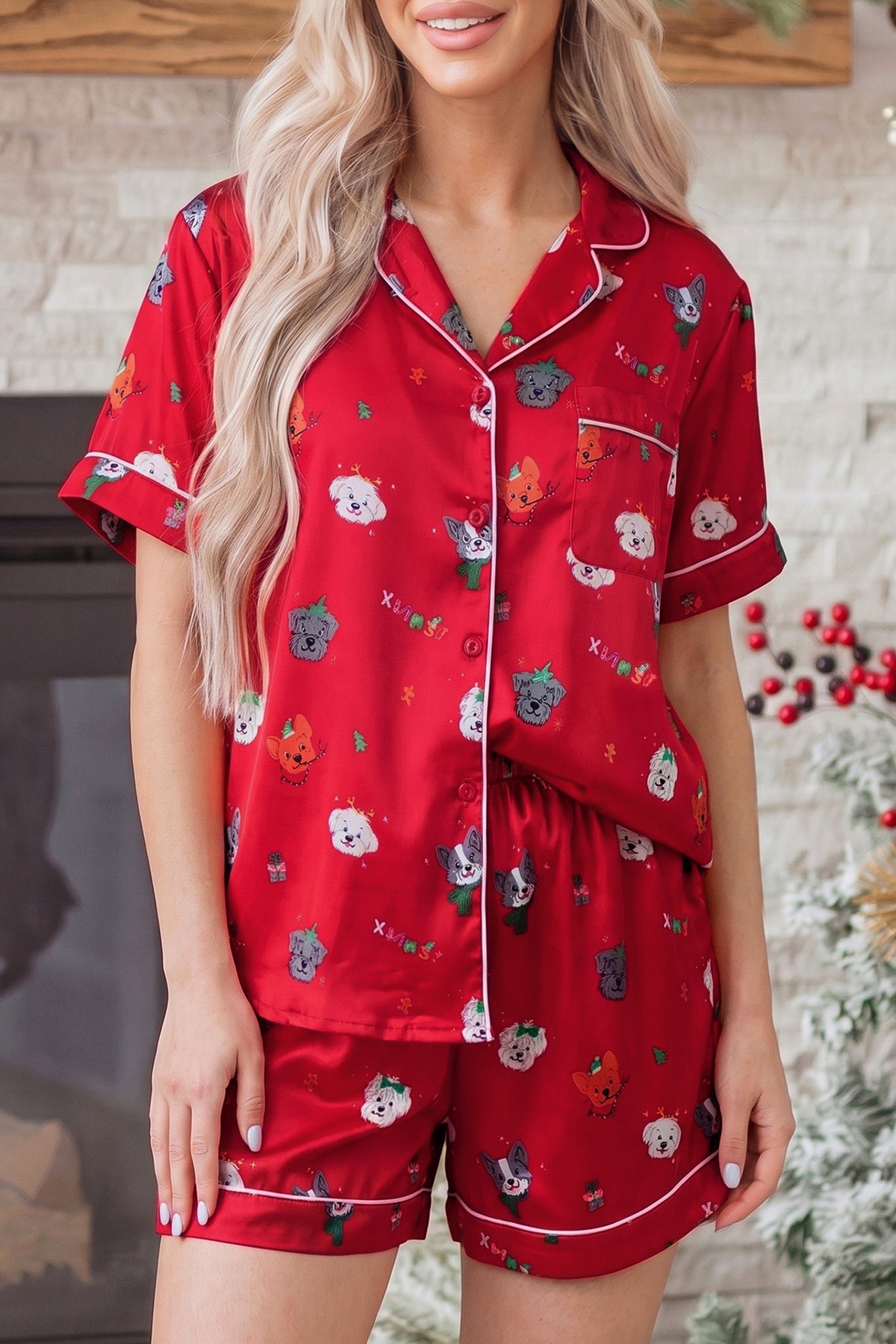 Racing Red Festive Dog Print Short Sleeve Two Piece Lounge Set PREORDER ETA 3 WEEKS