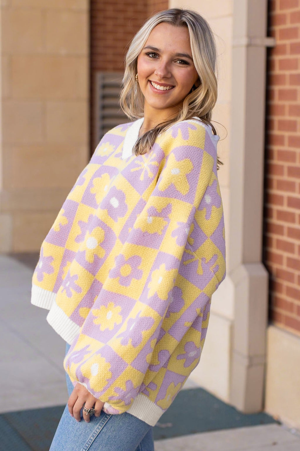 Multicolour V Neck Plaid Floral Long Sleeve Plus Size Sweater PREORDER ETA 3 WEEKS
