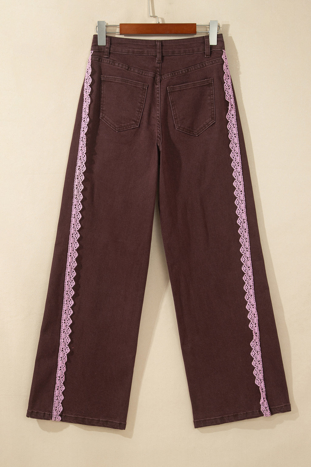Coffee Lace Trim Casual Full-Length Regular Fit Jeans