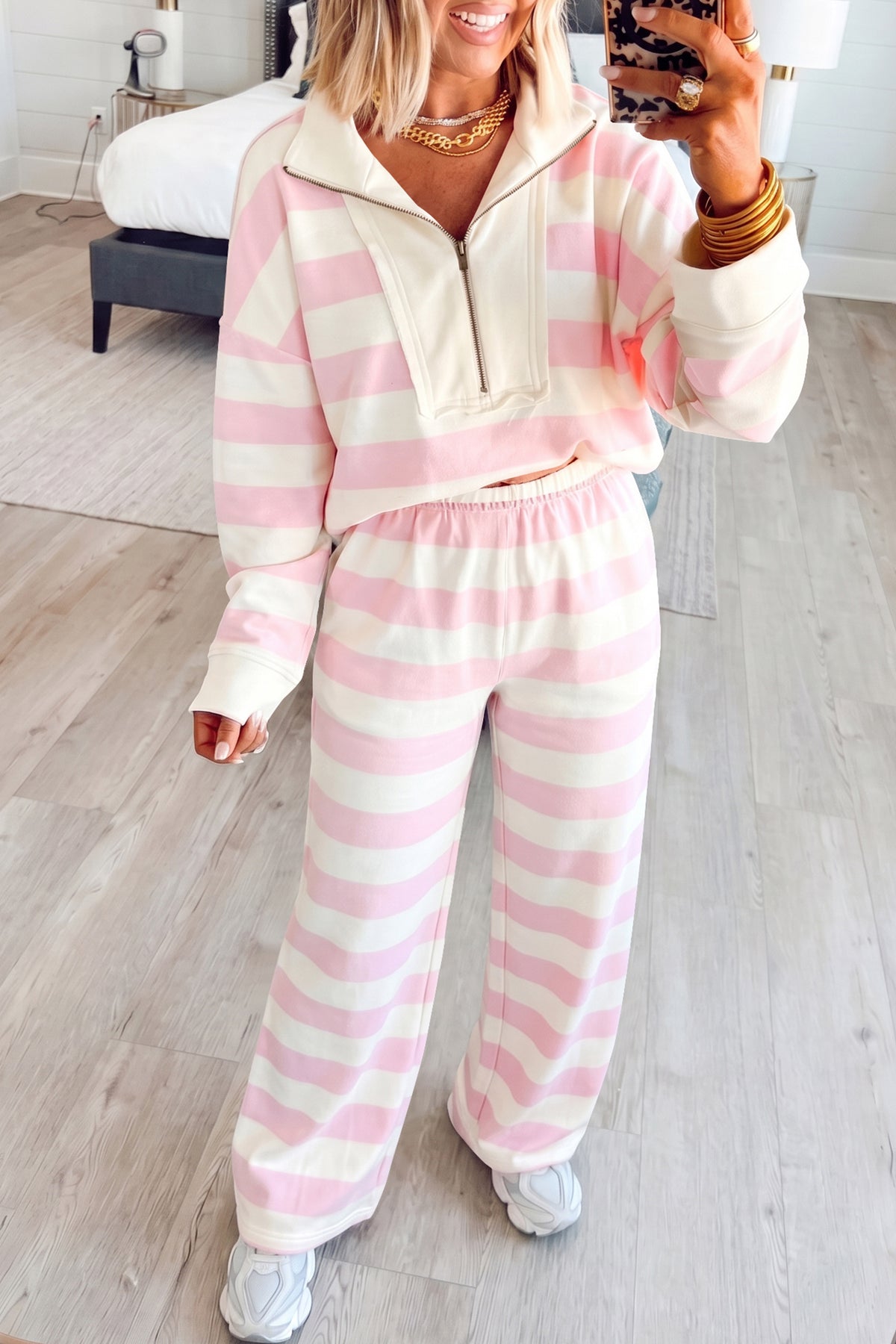 Pink Stripe Color Block Patchwork Zip Long Sleeve Top Elastic Waist Pants Set PREORDER ETA 3 WEEKS