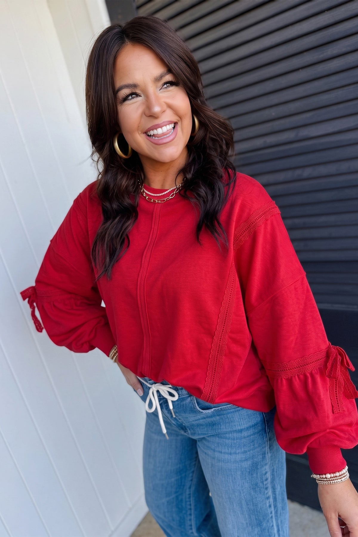 Fiery Red Solid Color Raw Seam Lace Detail Loose Casual Sweatshirt PREORDER ETA 3 WEEKS