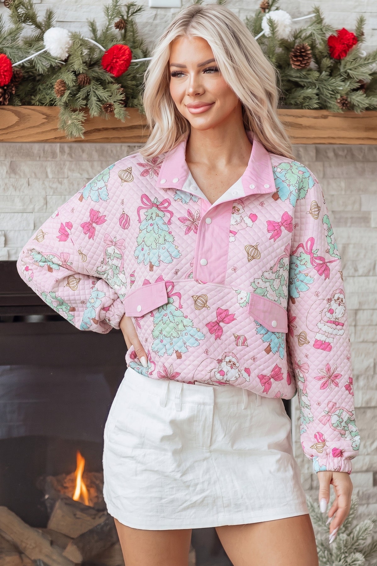 Pink Cute Christmas Print Collar Half Button Loose Sweatshirt PREORDER ETA 3 WEEKS