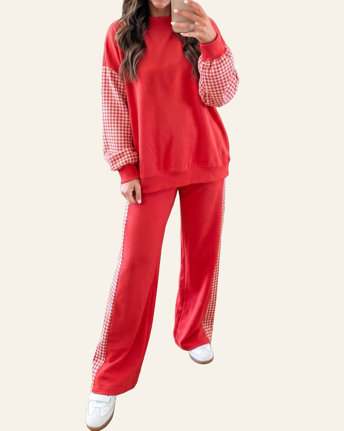 Fiery Red Plaid Contrast Long Sleeve Top And Wide Leg Pants Set PREORDER ETA 3 WEEKS