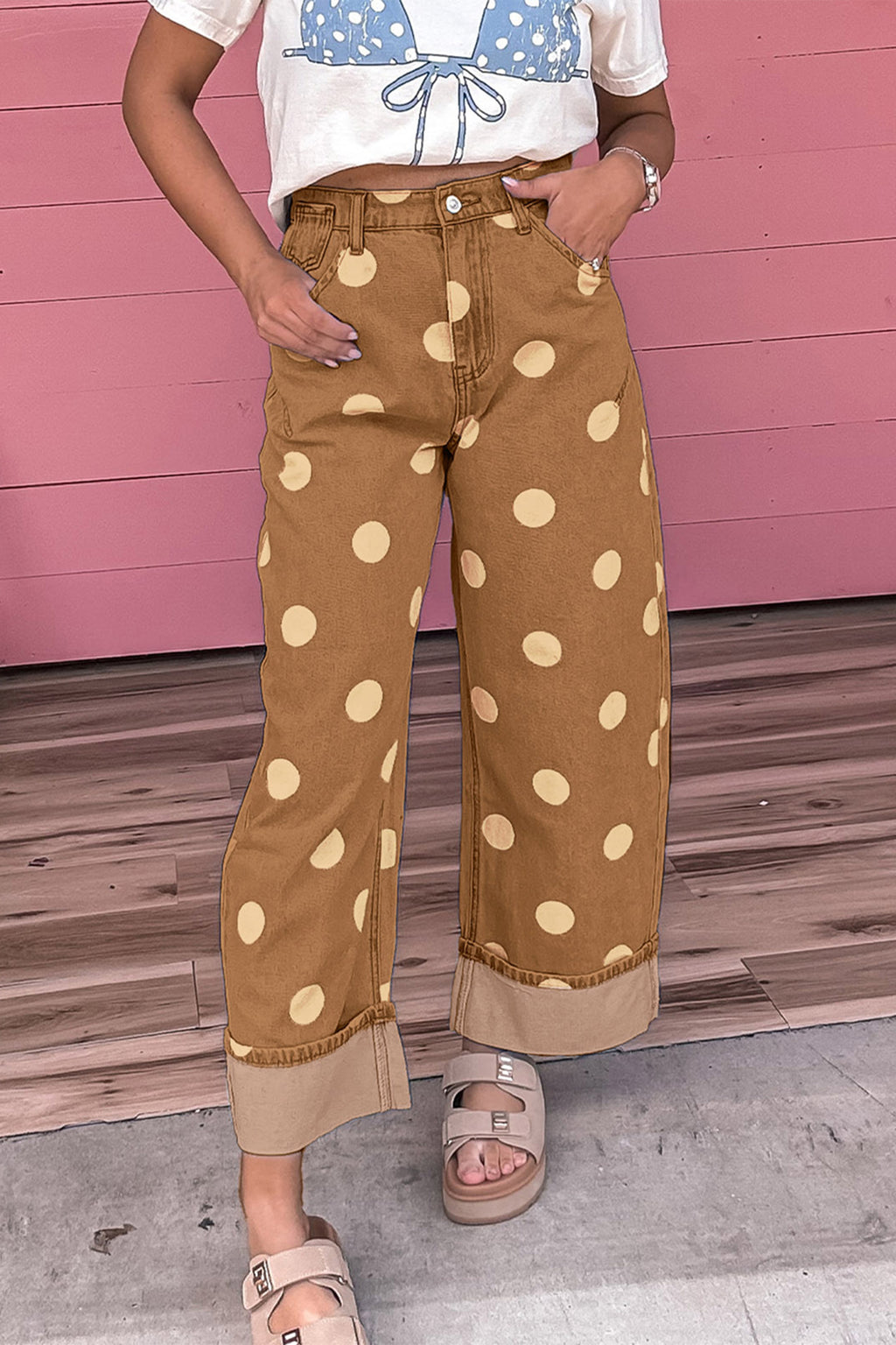 Brown Polka Dot Ankle-Length Metal Button Casual Jeans PREORDER ETA 3 WEEKS