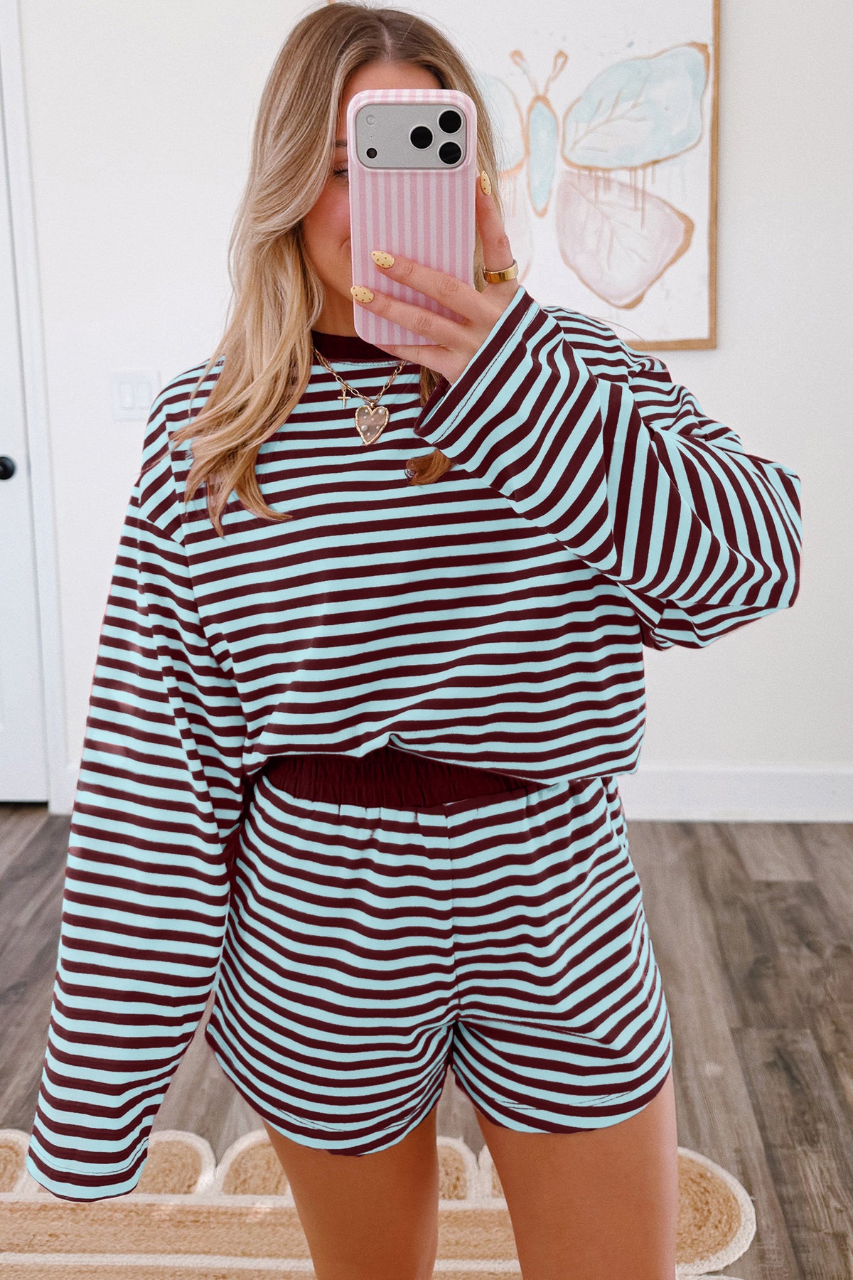 Brown Stripe Relaxed Long Sleeve Top Contrast Elastic Waistband Short Set PREORDER ETA 3 WEEKS