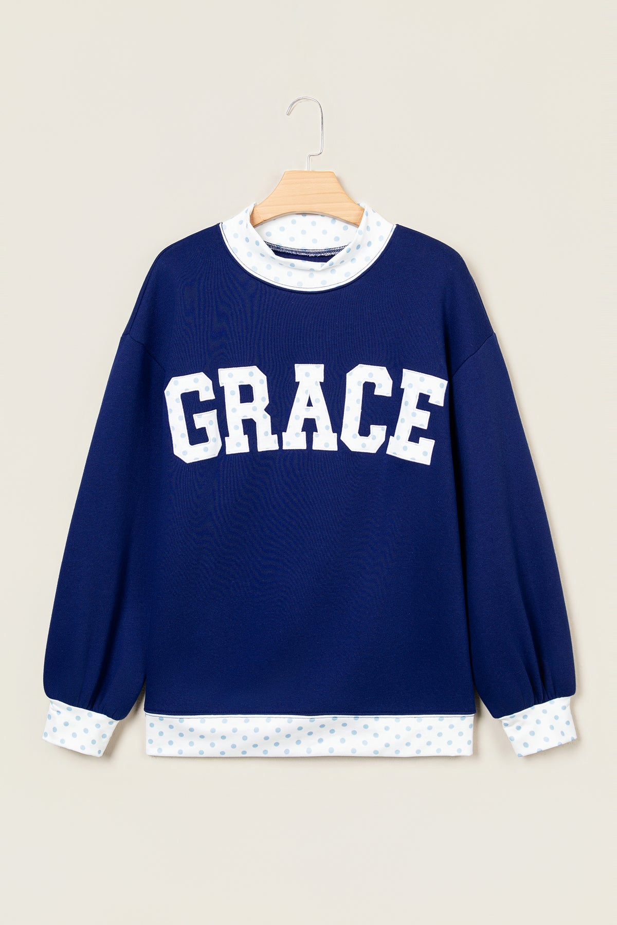 Dirty blue Polka Dot Trim High Neck GRACE Letter Graphic Baggy Sweatshirt PREORDER ETA 3 WEEKS