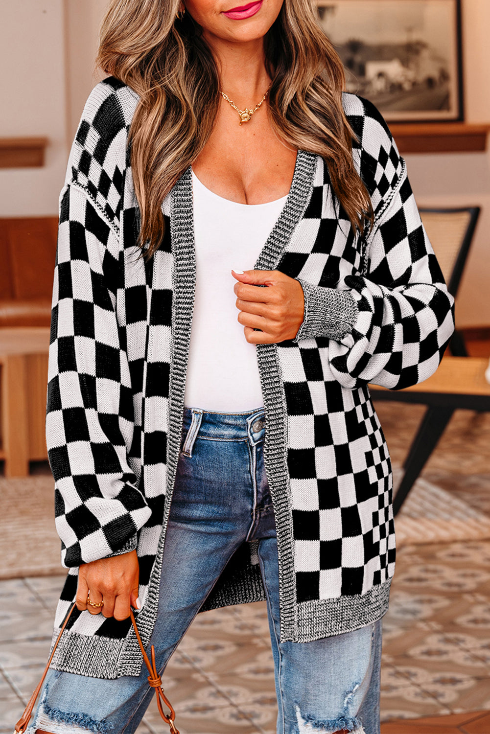 Black Checkered Open Front Drop Shoulder Cardigan PREORDER ETA 3 WEEKS