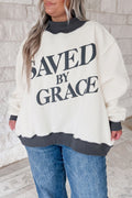 Beige SAVED BY GRACE Letter Print Color Block Mock Neck Plus Size Sweatshirt PREORDER ETA 3 WEEKS