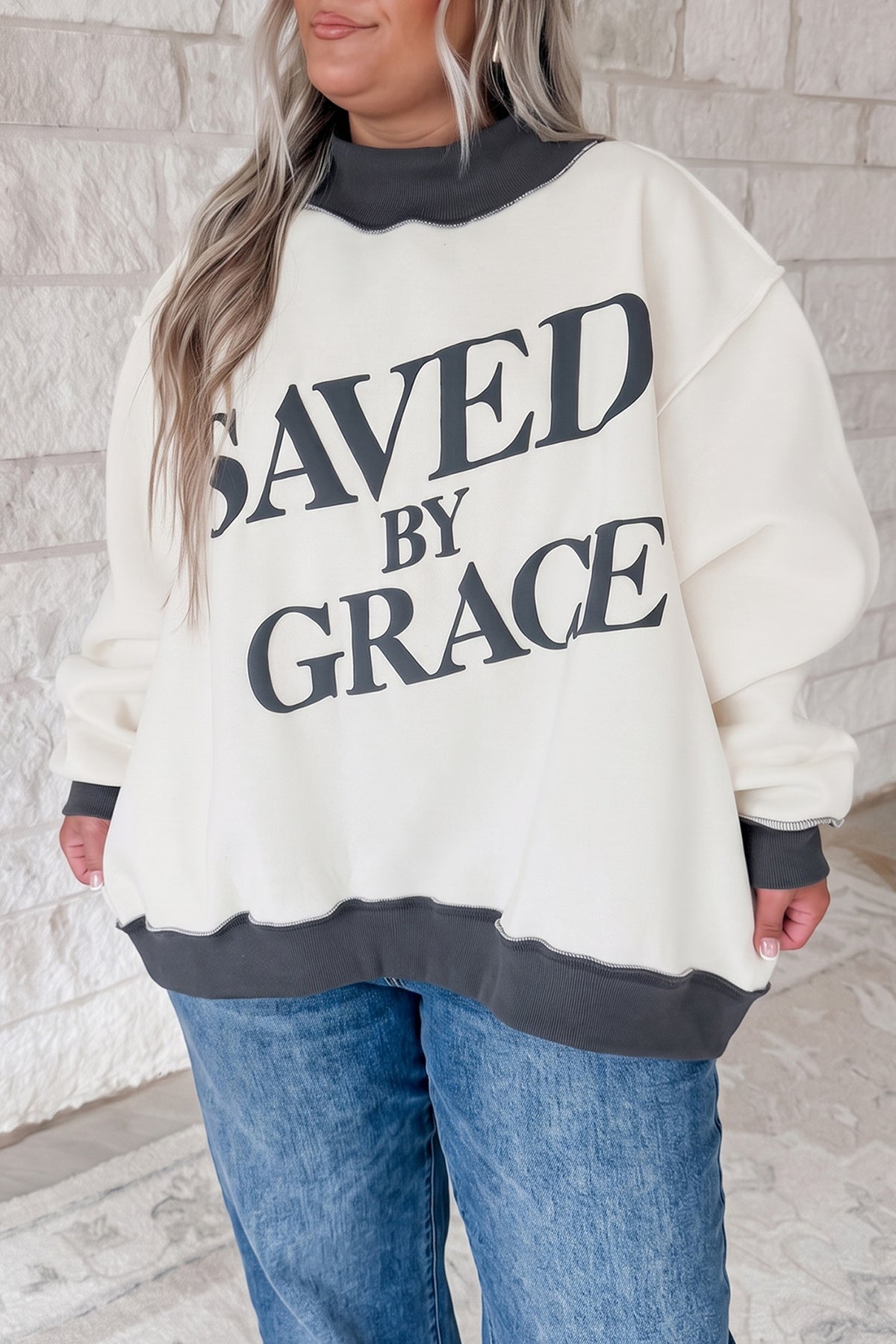 Beige SAVED BY GRACE Letter Print Color Block Mock Neck Plus Size Sweatshirt PREORDER ETA 3 WEEKS