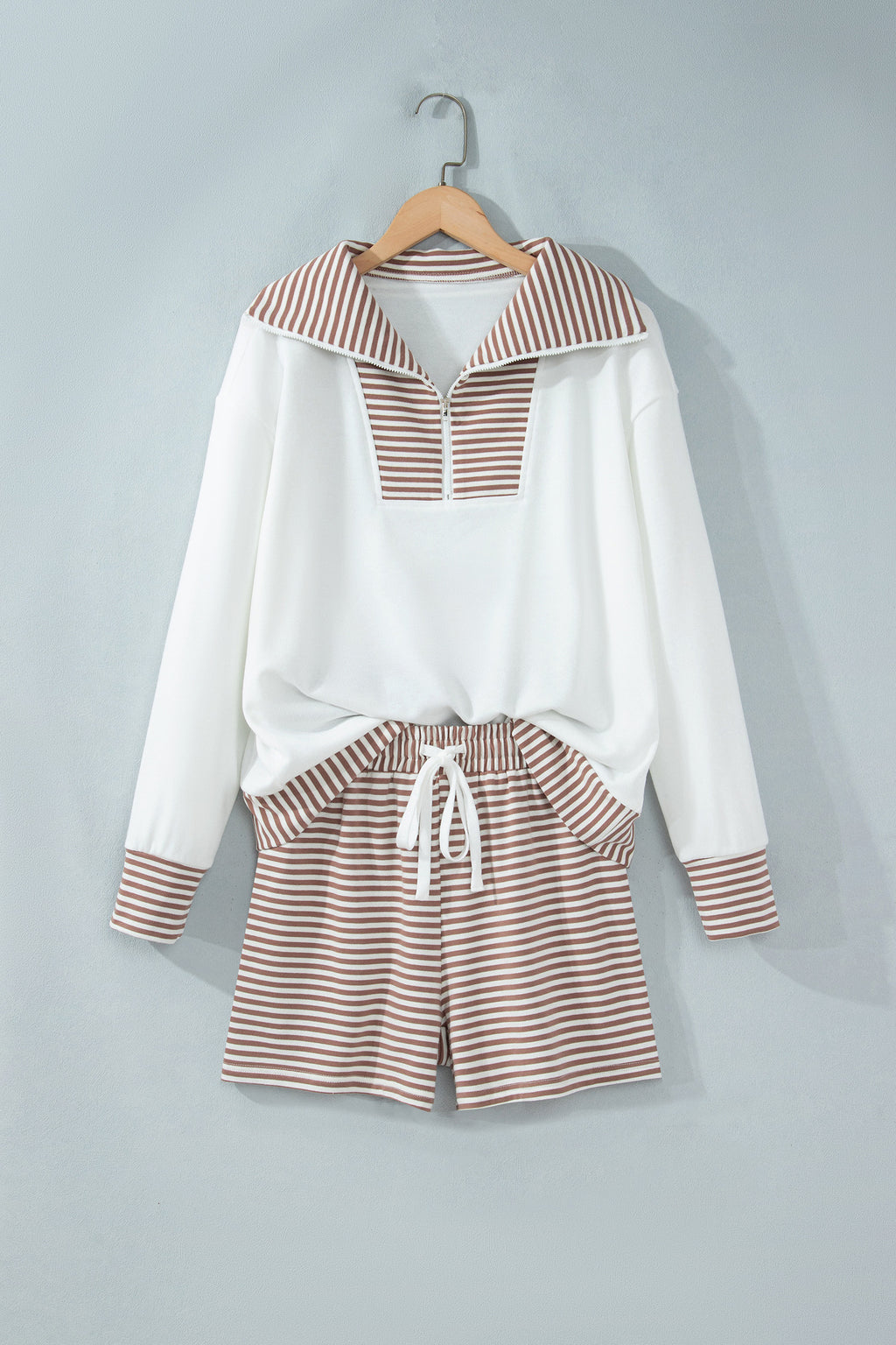 Khaki Stripe Color Block Patchwork Long Sleeve Top Drawstring Shorts Set PREORDER ETA 3 WEEKS
