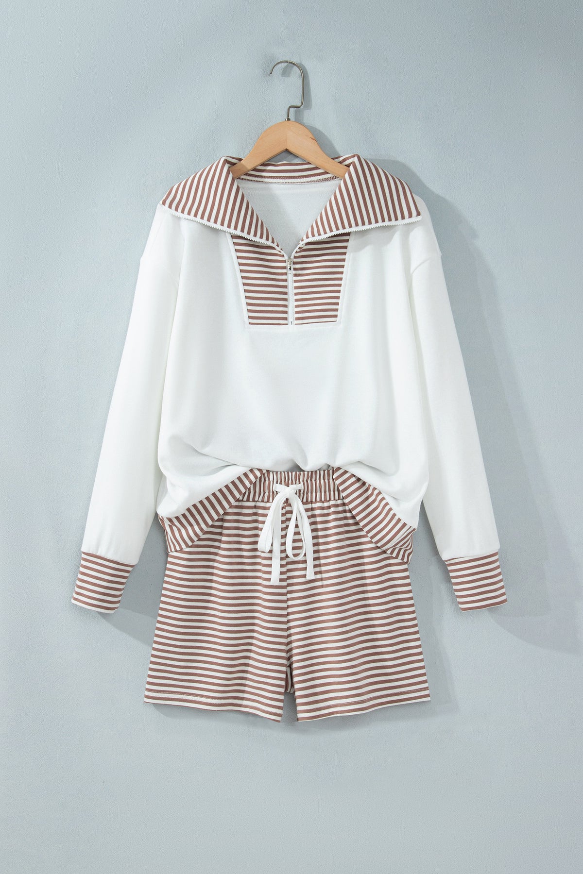 Khaki Stripe Color Block Patchwork Long Sleeve Top Drawstring Shorts Set PREORDER ETA 3 WEEKS