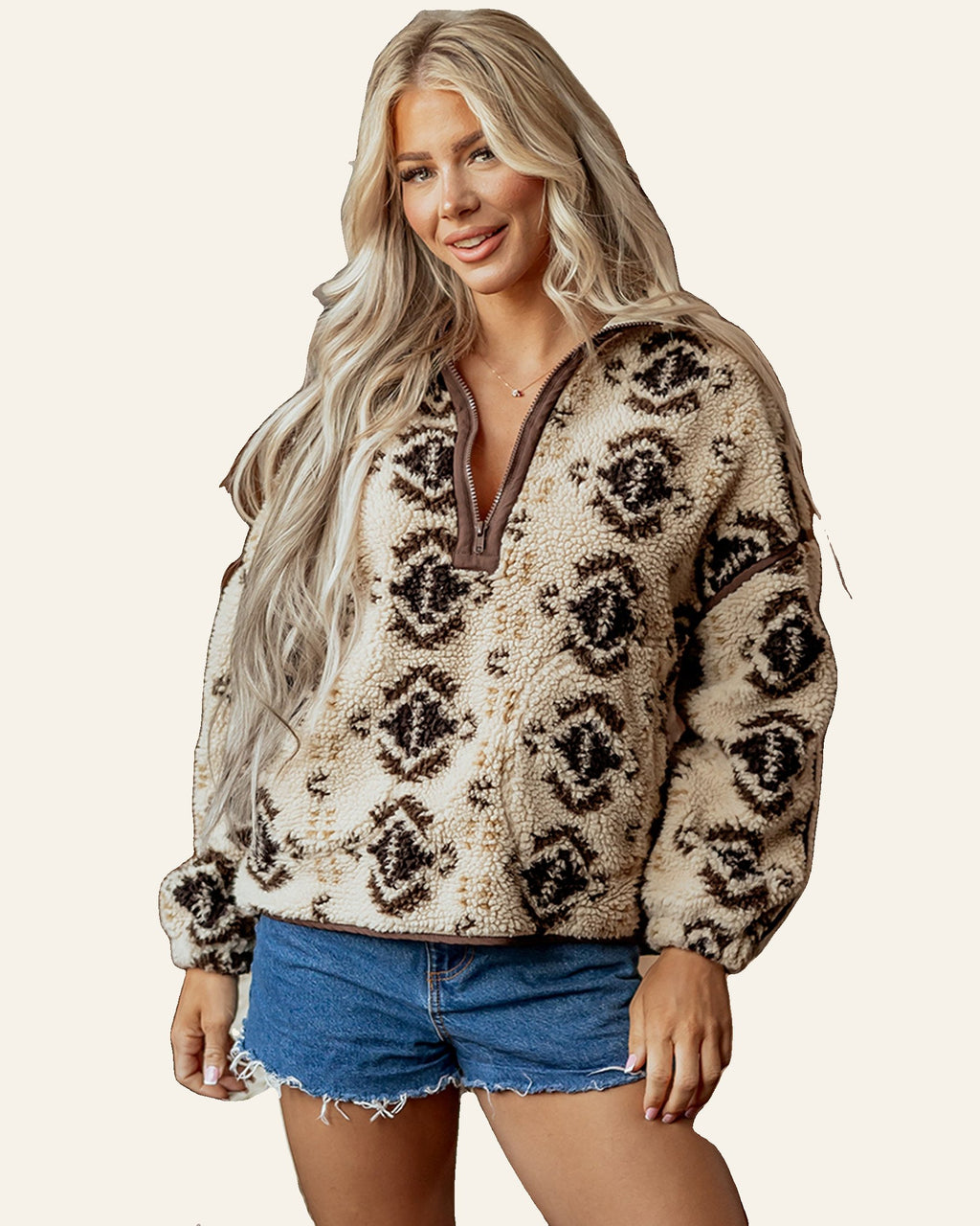 Khaki Western Print Geometric Fleece Pullover Sweatshirt PREORDER ETA 3 WEEKS