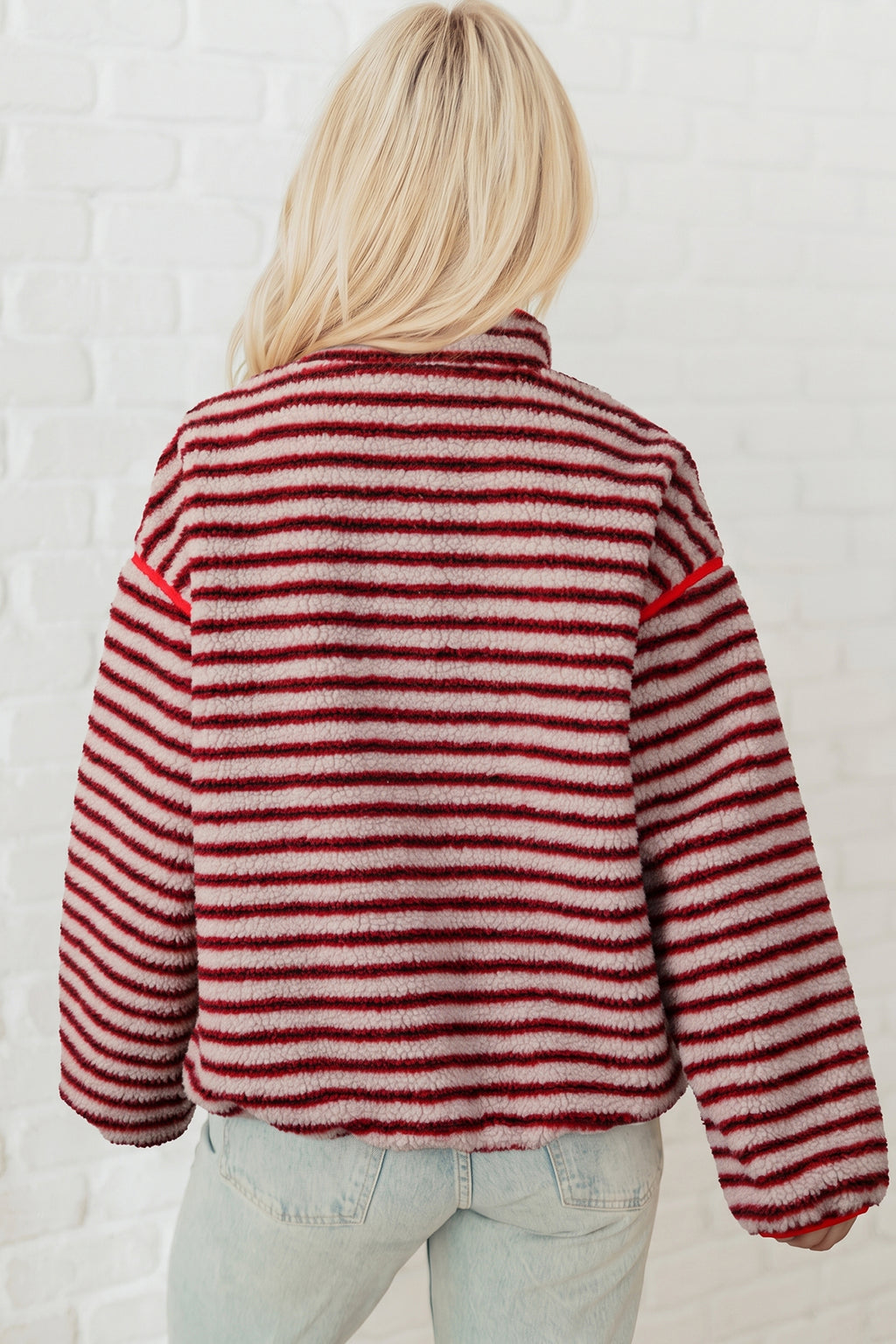 Red Striped Fuzzy Colorblock Button Placket Sweatshirt PREORDER ETA 3 WEEKS