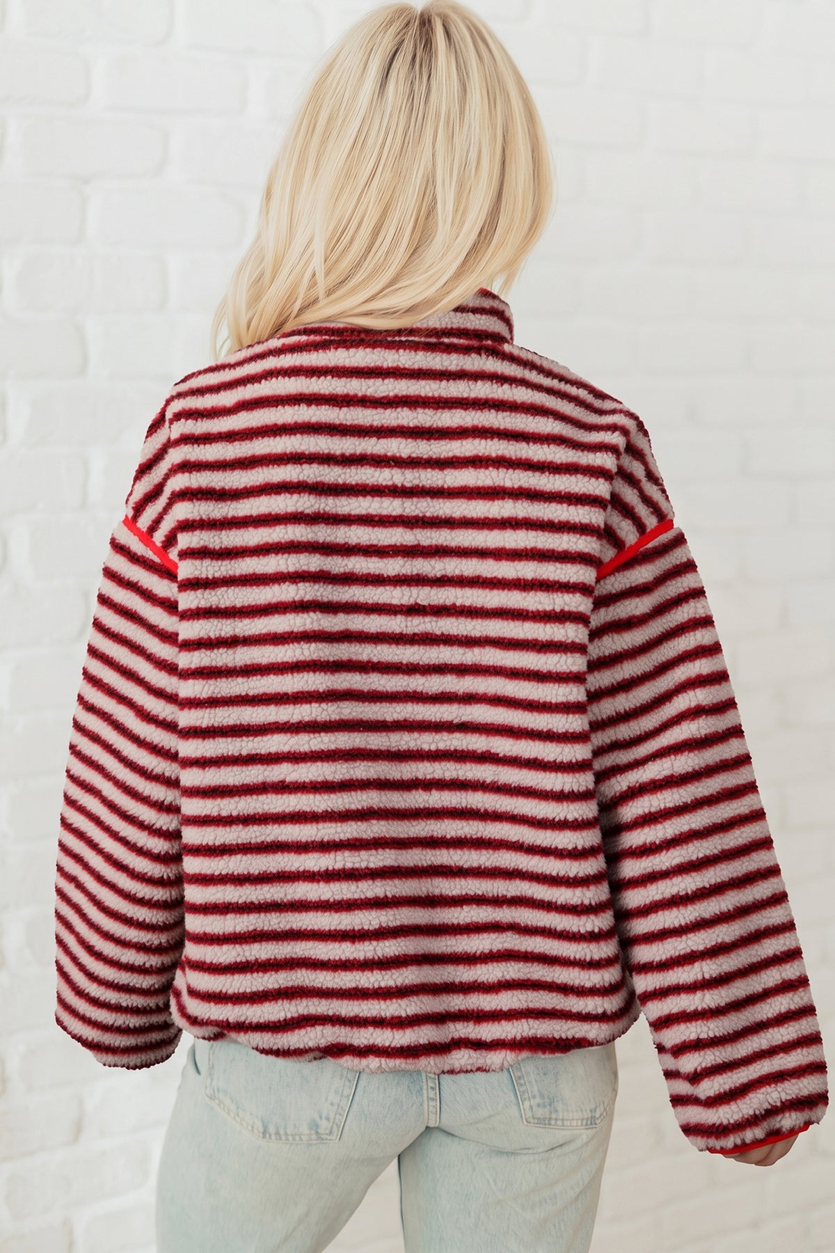 Red Striped Fuzzy Colorblock Button Placket Sweatshirt PREORDER ETA 3 WEEKS