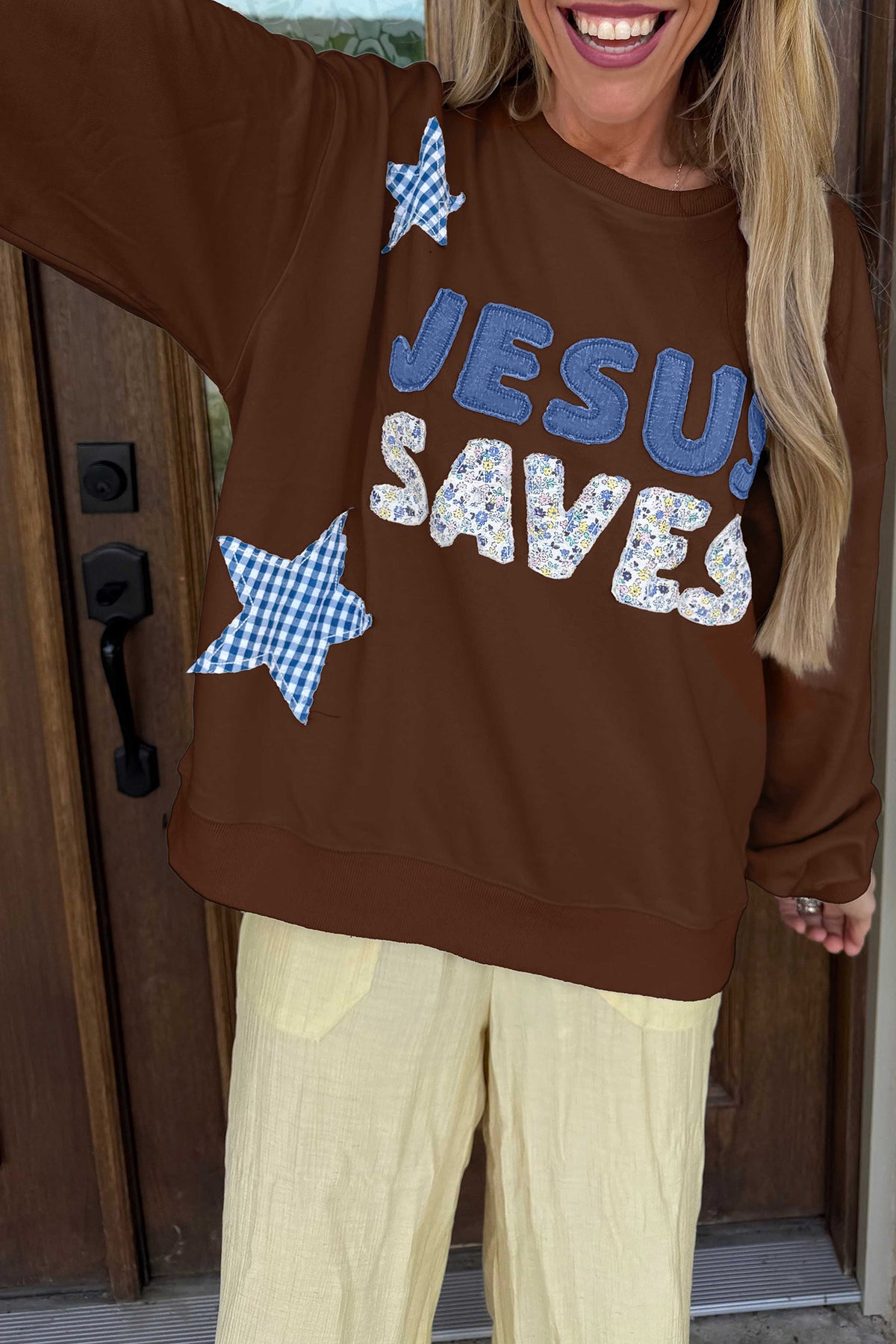 Coffee Patchwork Stars Plaid Unique Floral Letters Baggy Sweatshirt PREORDER ETA 3 WEEKS