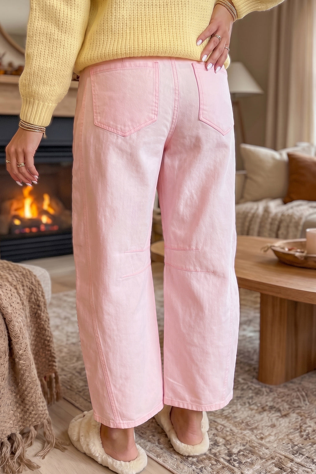 Light Pink Solid Color Grommet Detail Knot Waist Barrel Jeans PREORDER ETA 3 WEEKS