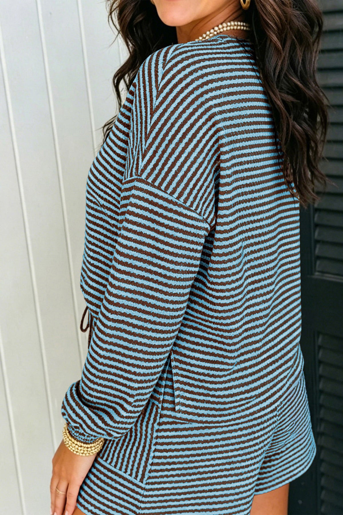 Sky Blue Stripe Textured Knit Long Sleeve Top Elastic Waist Shorts Casual Outfit PREORDER ETA 3 WEEKS