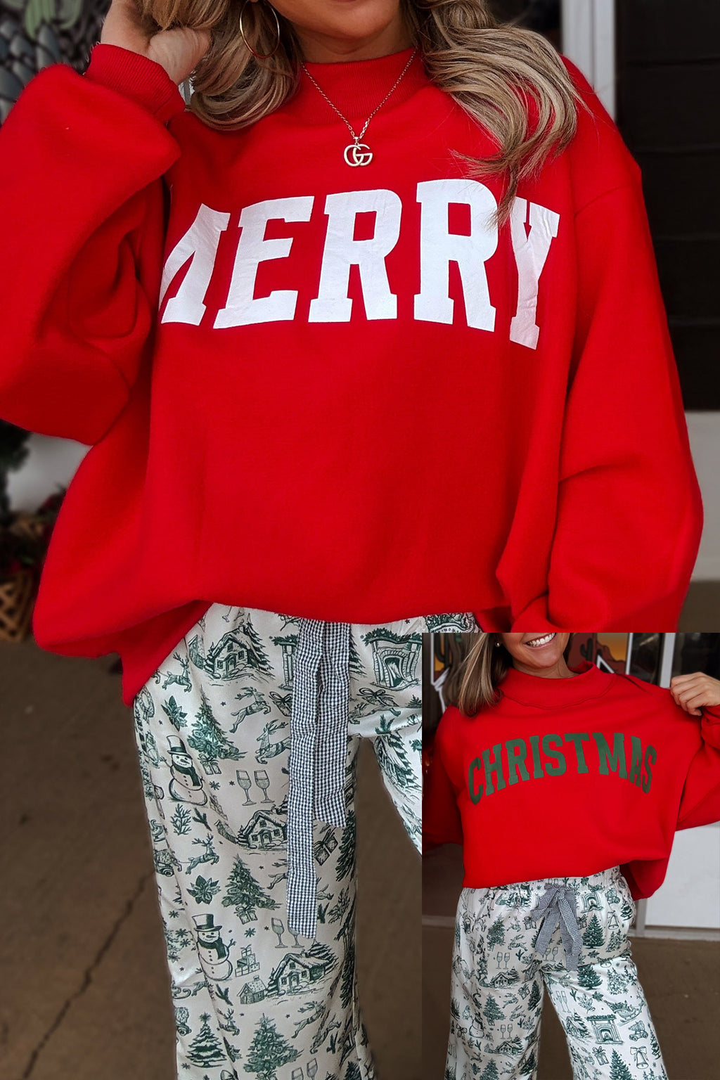 Fiery Red MERRY/CHRISTMAS Reversible Print Mock Neck Baggy Pullover Sweatshirt PREORDER ETA 3 WEEKS