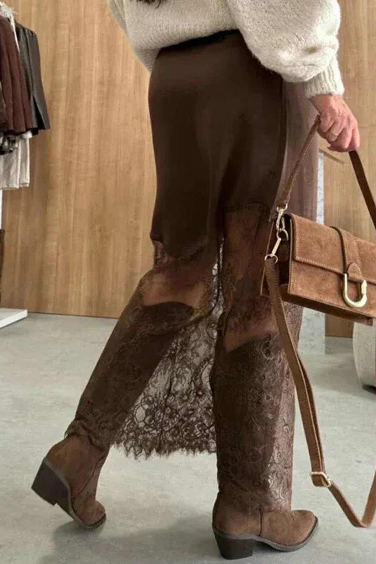 Dark Brown Lace Patchwork Hem Long Casual Shift Skirt PREORDER ETA 3 WEEKS