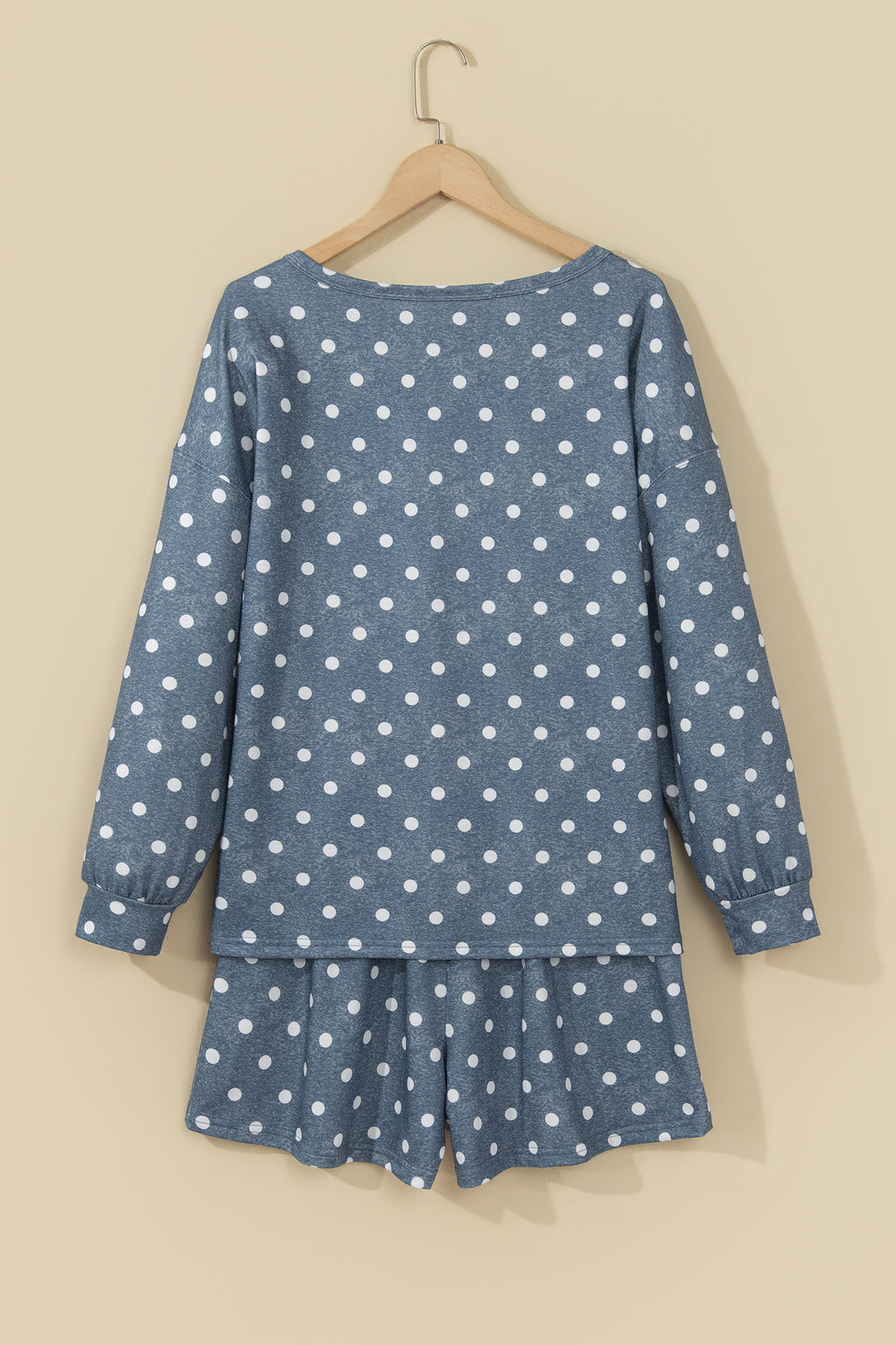 Gray Polka Dot Long Sleeve Top Drawstring Shorts Loose 2pcs Set