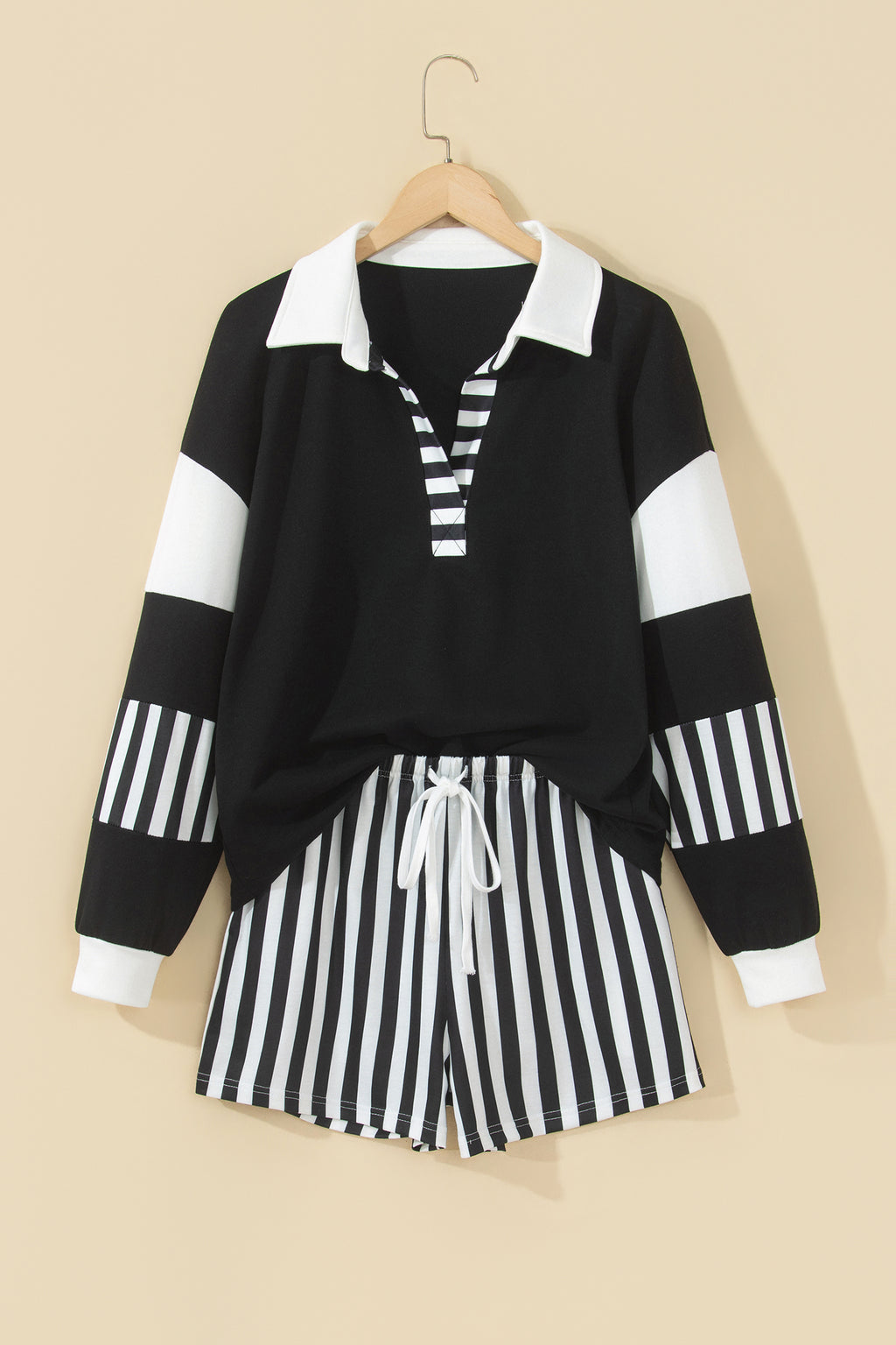 Black Striped Color Block Pullover Top Drawstring Shorts Set PREORDER ETA 3 WEEKS