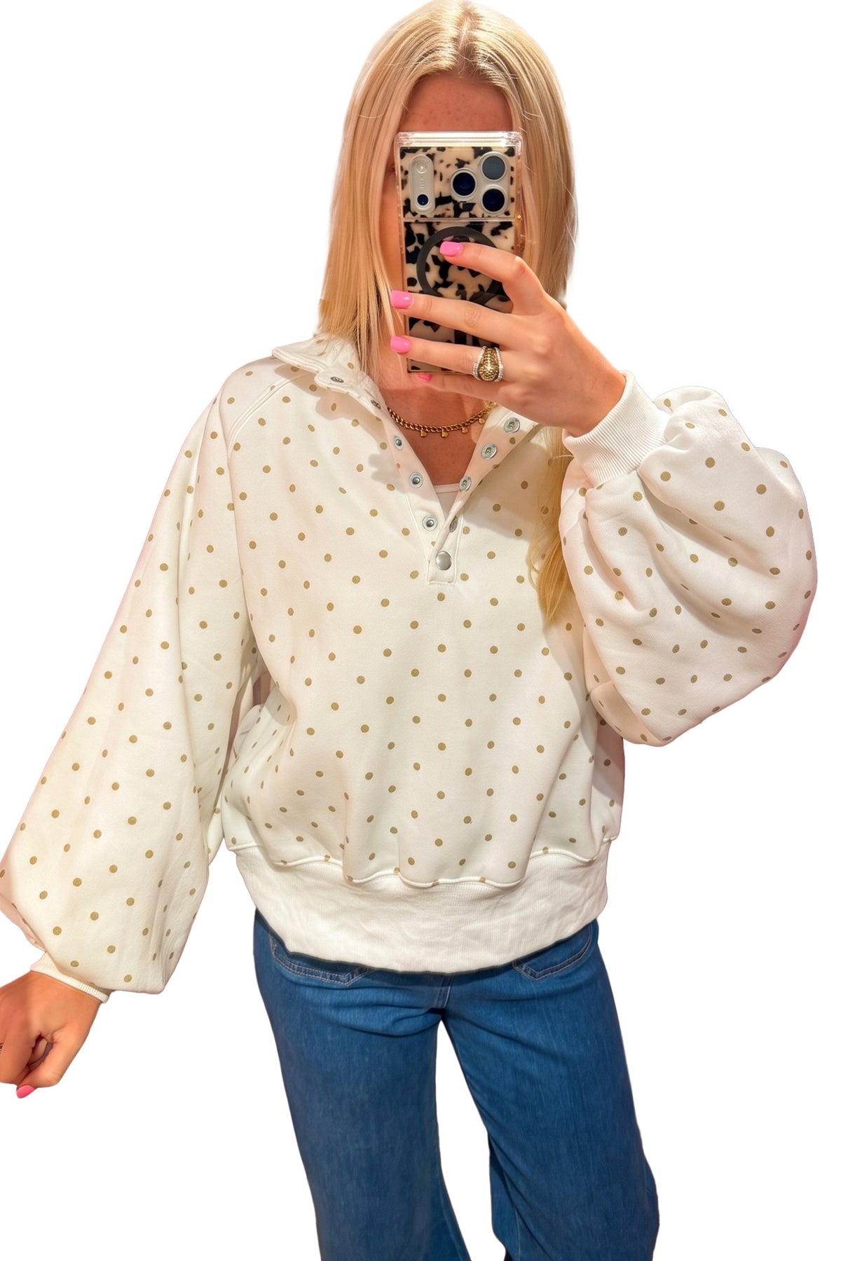 White Polka Dot Print Metal Button Collar Casual Pullover Sweatshirt PREORDER ETA 3 WEEKS