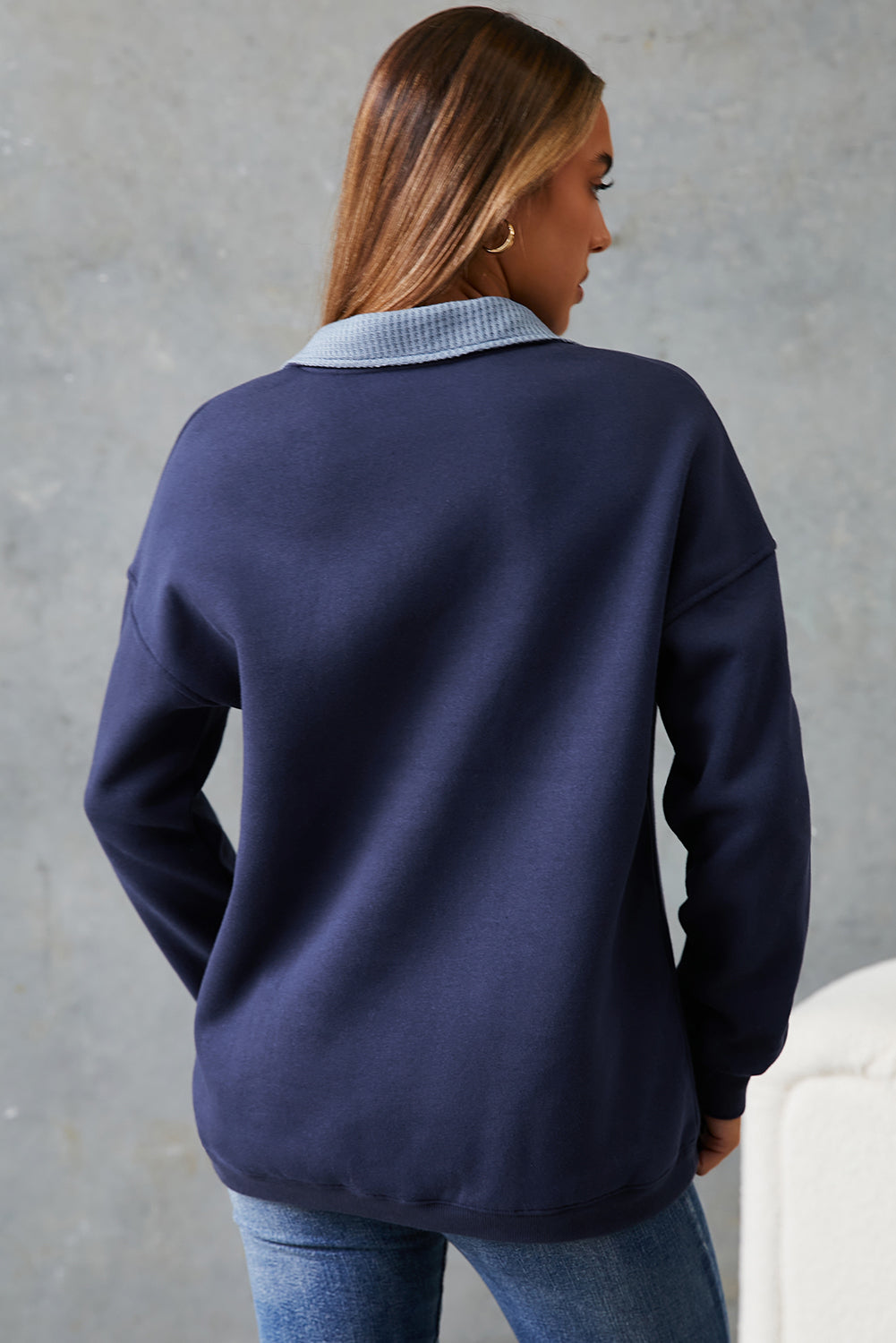 Dirty blue Drop Shoulder Metal Button Casual Pullover Sweatshirt PREORDER ETA 3 WEEKS