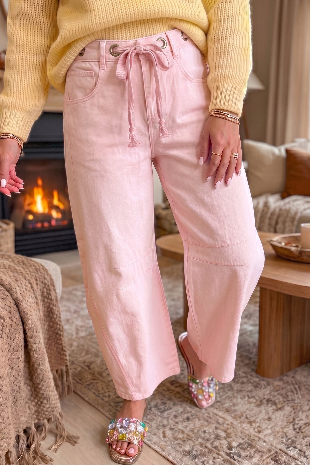 Light Pink Solid Color Grommet Detail Knot Waist Barrel Jeans PREORDER ETA 3 WEEKS