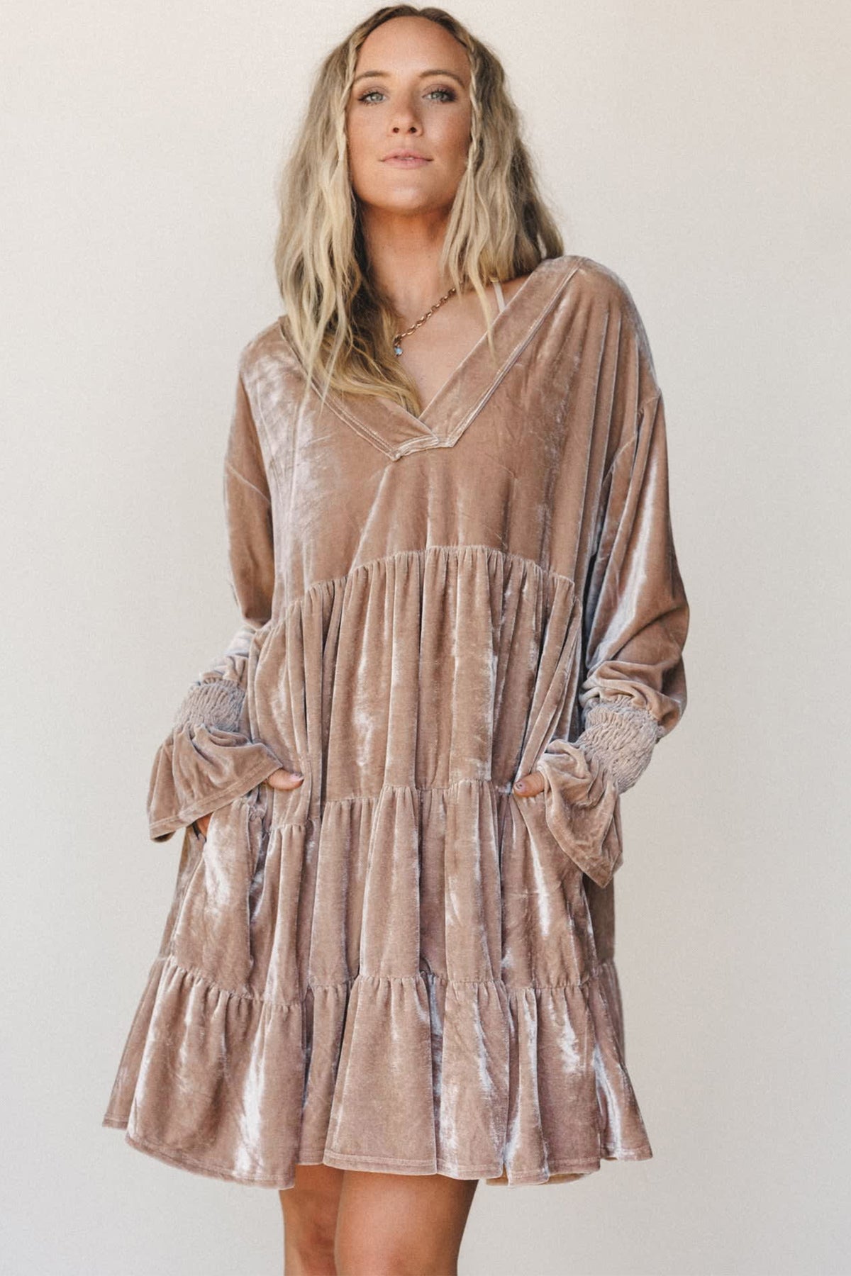 Smoke Gray Solid Color V Neck Velvet Tiered Long Sleeve Dress PREORDER ETA 3 WEEKS