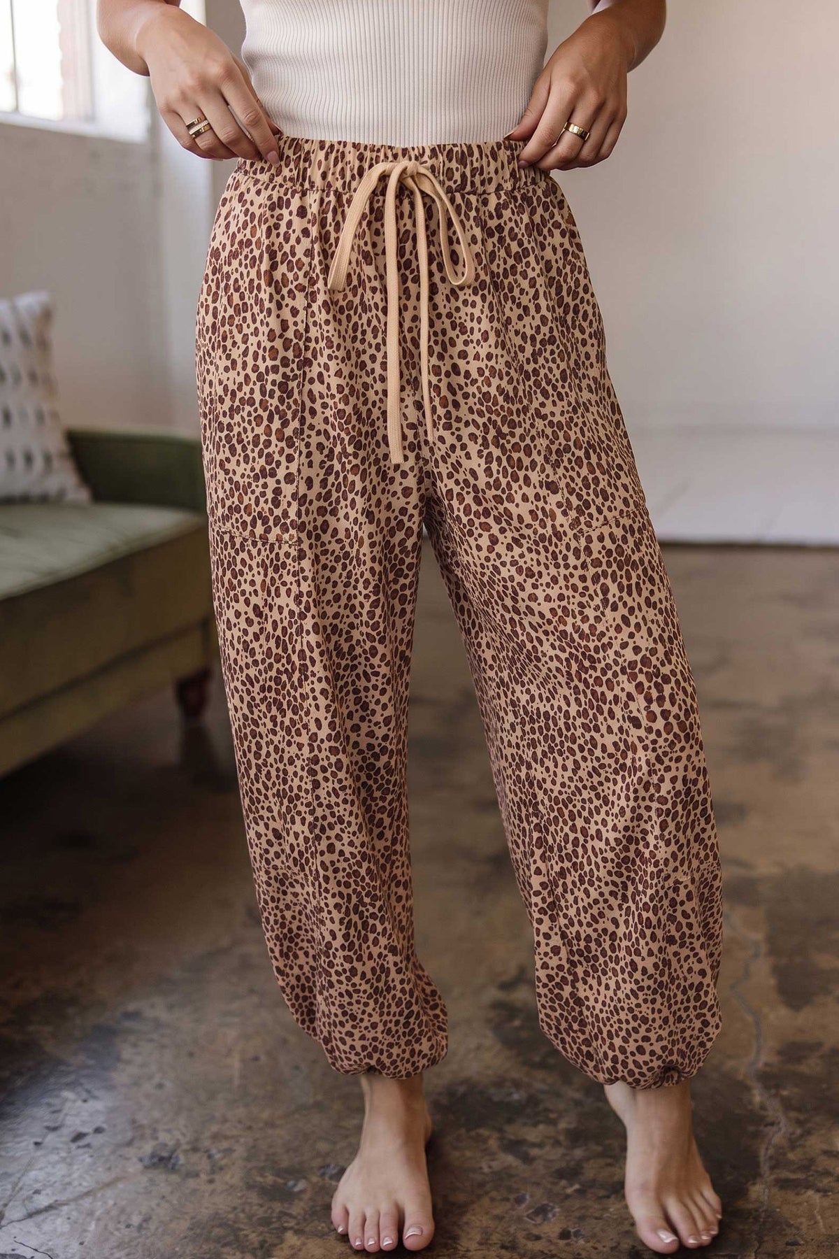 Khaki Leopard Print Drawstring Waist Patch Pockets Pants PREORDER ETA 3 WEEKS