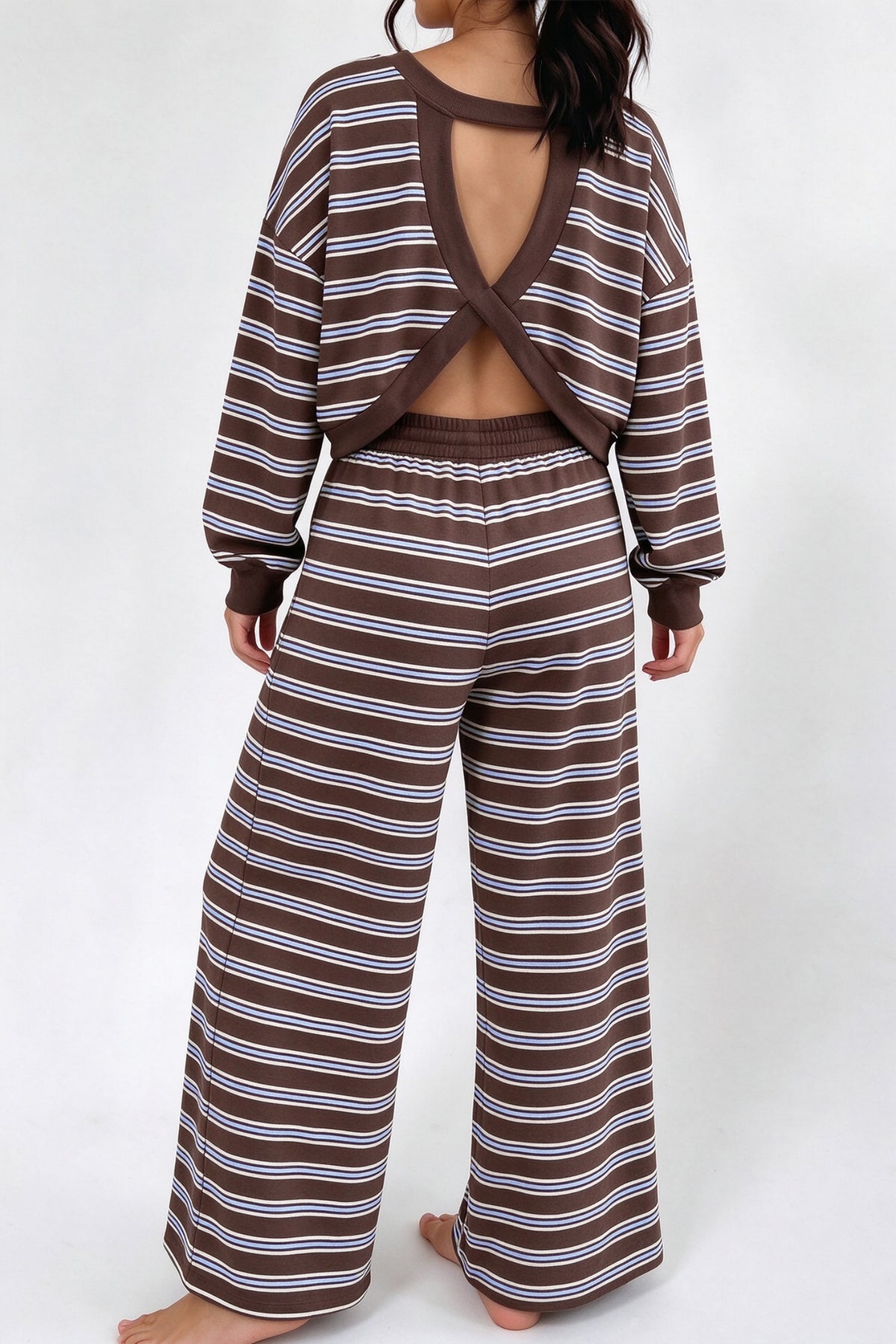 Brown Stripe Back Cutout Long Sleeve Top and Wide Leg Pants 2pcs Set PREORDER ETA 3 WEEKS