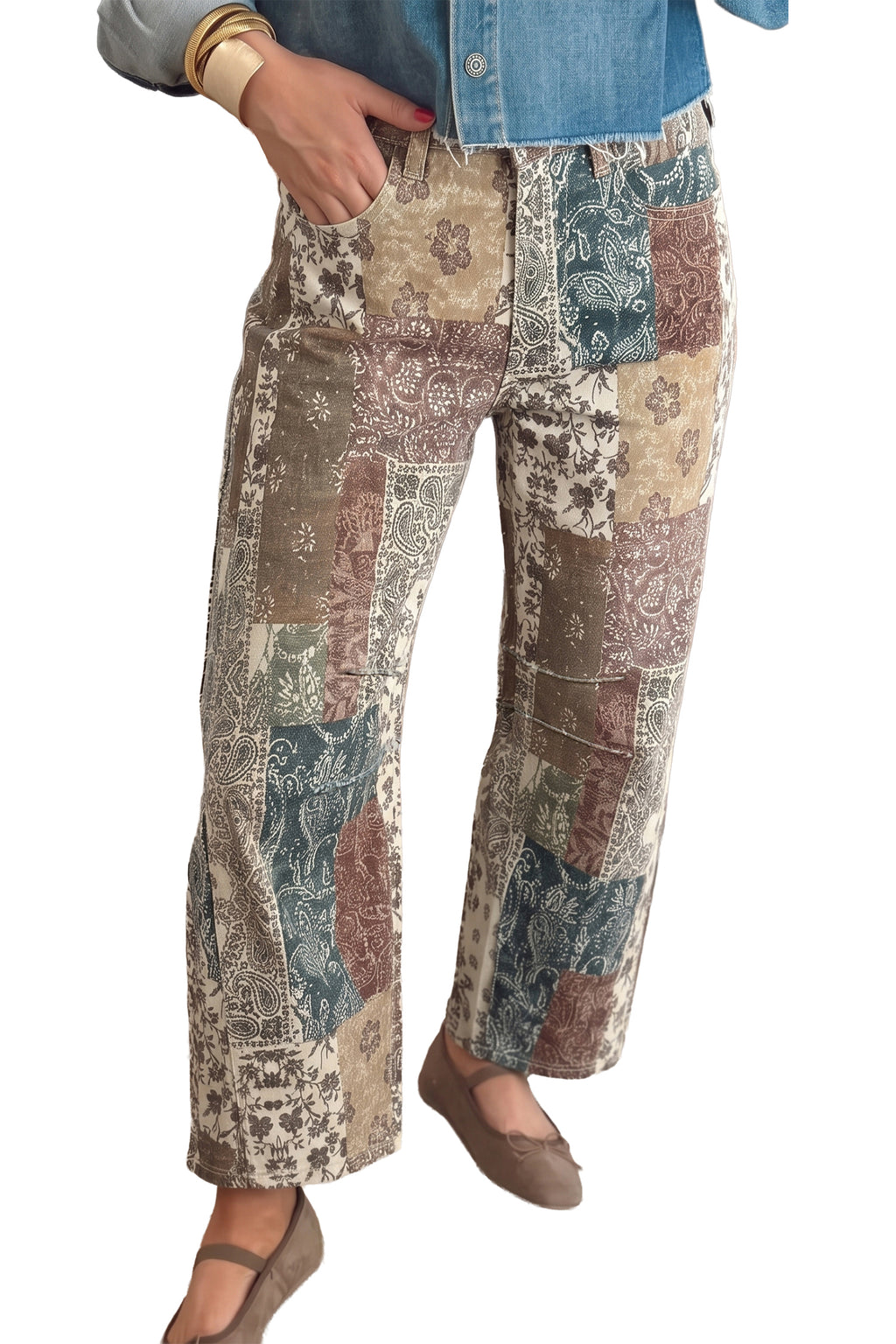 Multicolour Boho Floral Patchwork Western Print Straight Leg Ankle-Length Jeans
