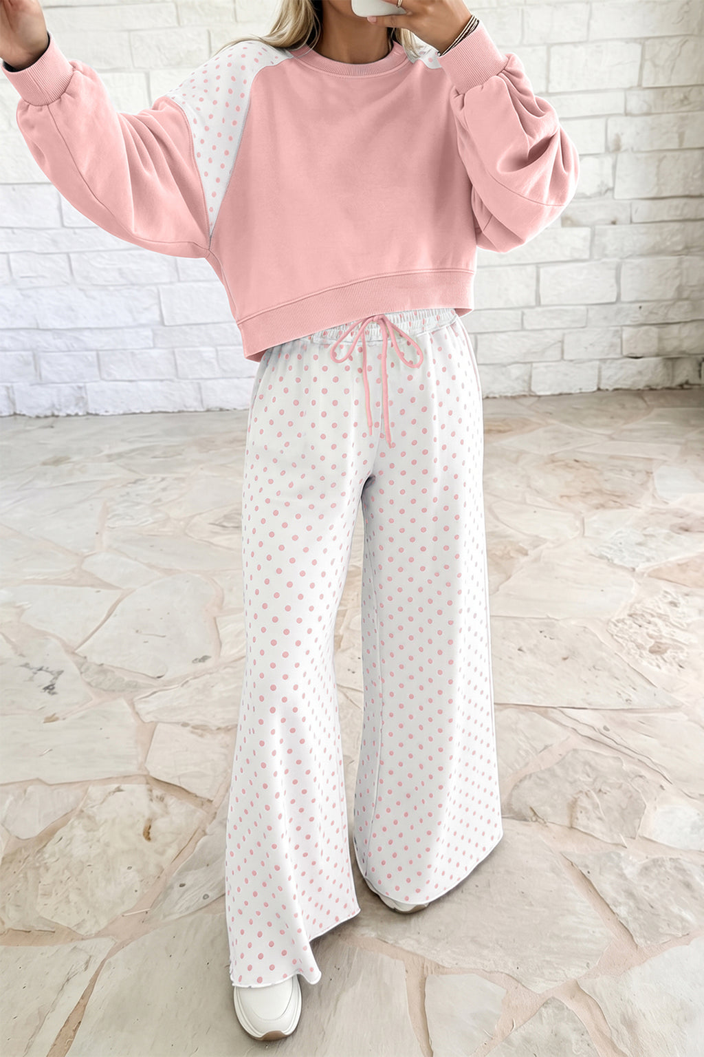 Green Polka Dot Patchwork Colorblock Long Sleeve Casual Two Piece Pants Set PREORDER ETA 3 WEEKS