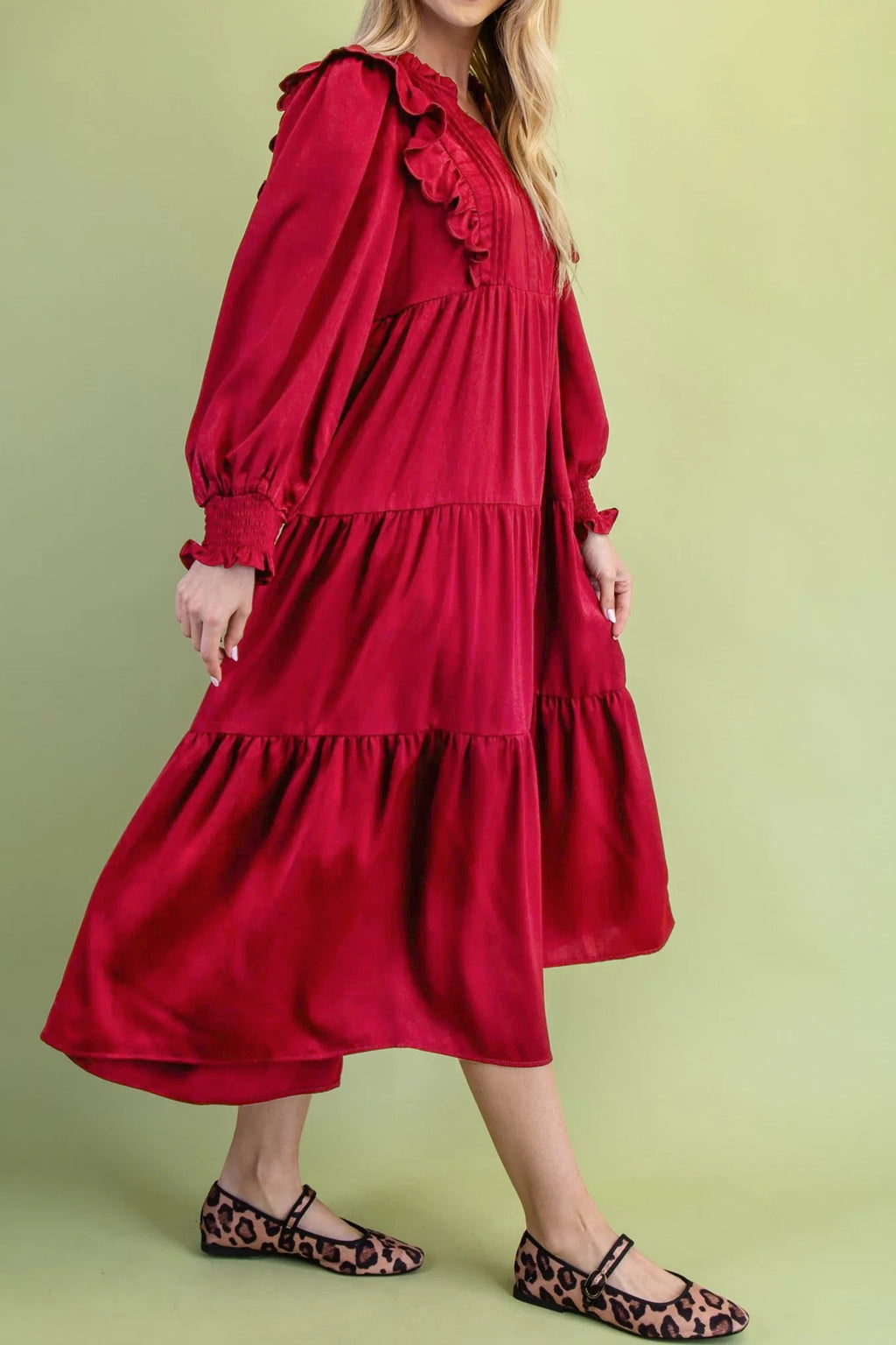 Racing Red Solid Color Ruffle Trim Long Sleeve Tiered Shift Midi Dress PREORDER ETA 3 WEEKS