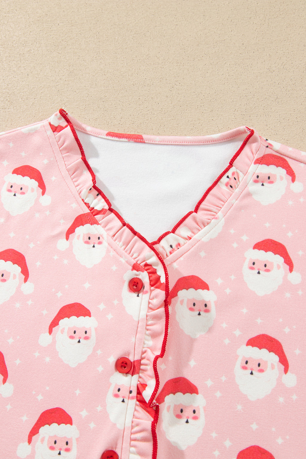 Pink Christmas Santa Print Frilled Button Front Long Sleeve Top Lounge Pant Set PREORDER ETA 3 WEEKS