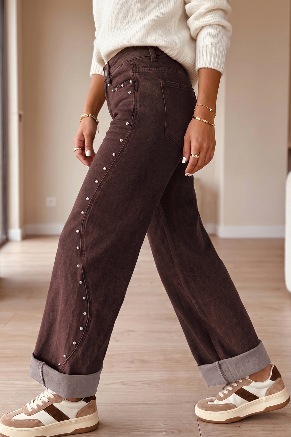 Coffee Side Seam Rivet Detail Ankle Length Casual Jeans PREORDER ETA 3 WEEKS