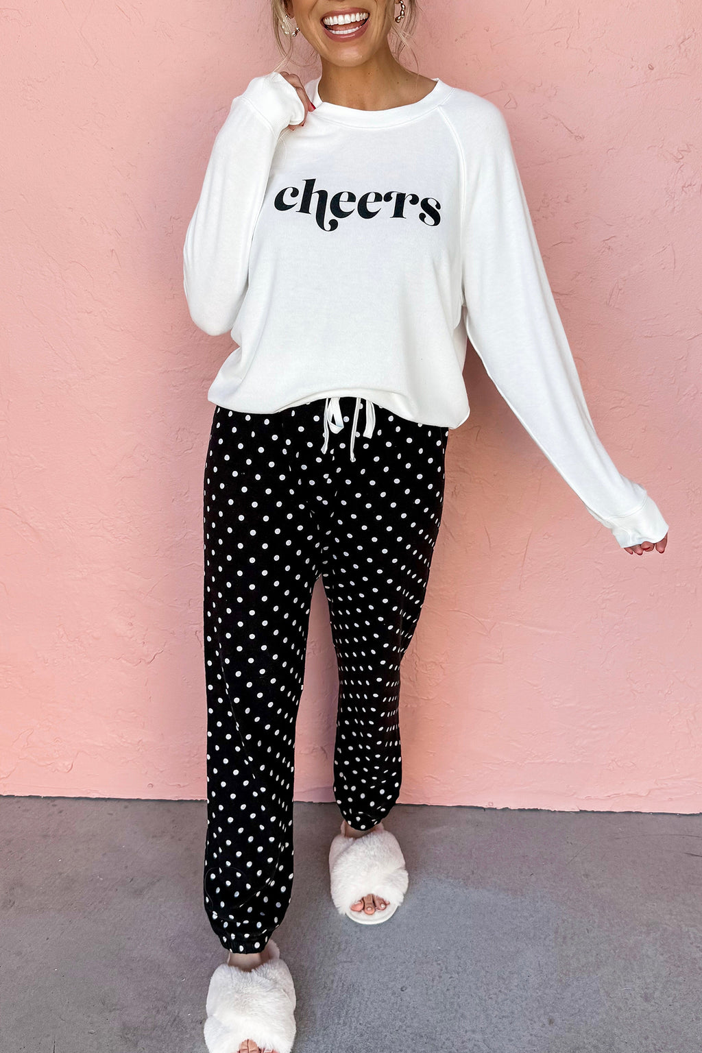 Black Cheers Graphic Raglan Long Sleeve Pullover and Polka Dot Pants 2pcs Loungewear PREORDER ETA 3 WEEKS
