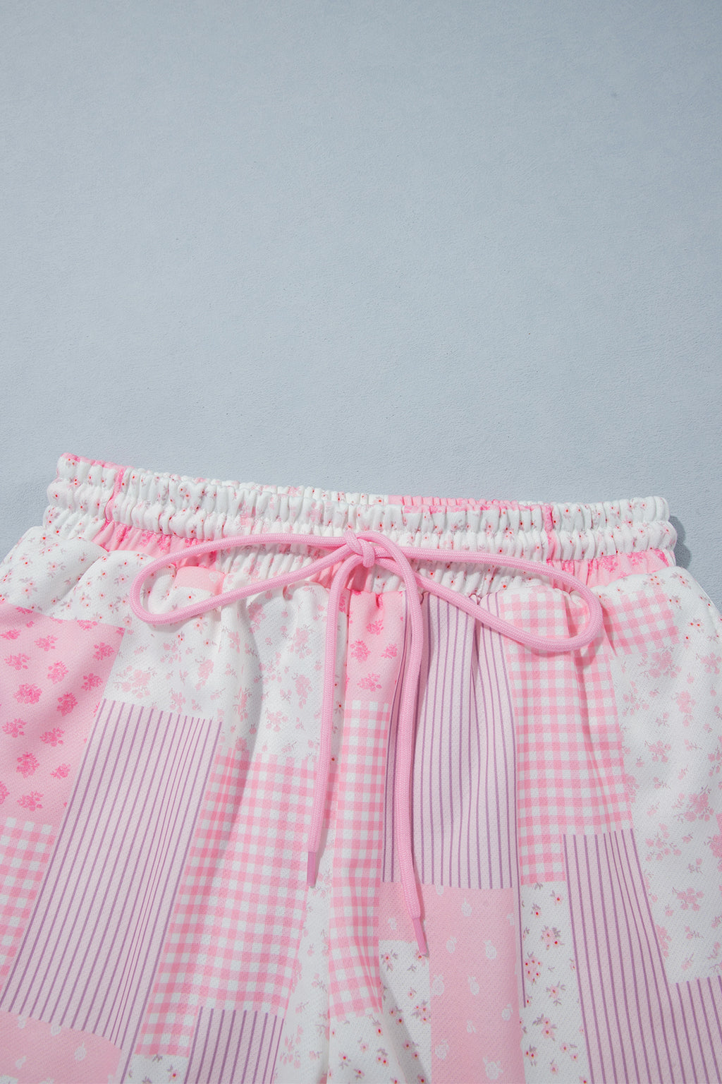 Sky Blue Patchwork Floral Print Drop Shoulder Baggy Pullover Drawstring Shorts Set PREORDER ETA 3 WEEKS