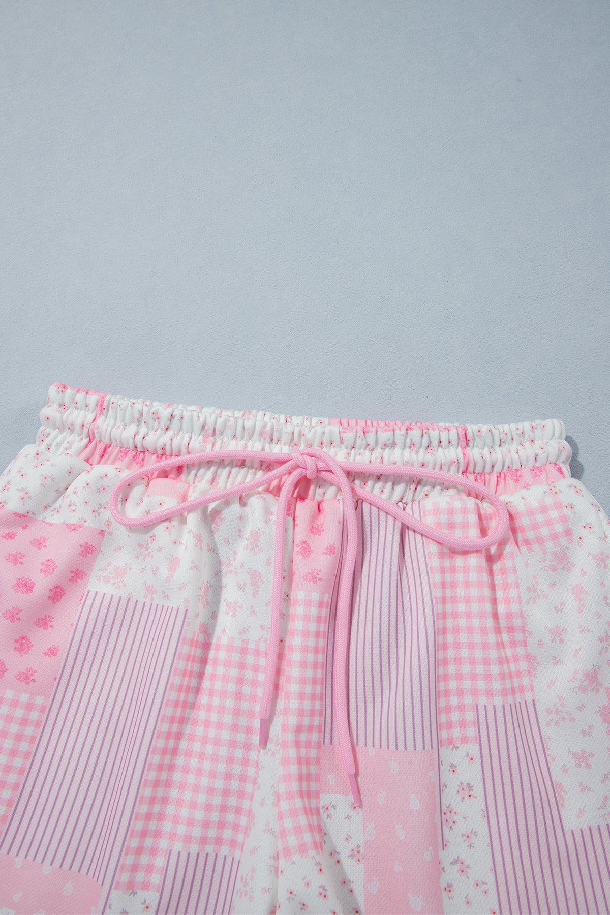 Sky Blue Patchwork Floral Print Drop Shoulder Baggy Pullover Drawstring Shorts Set PREORDER ETA 3 WEEKS