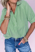 Mint Green Striped Print Collared Split Neck Half Sleeve Blouse PREORDER ETA 3 WEEKS