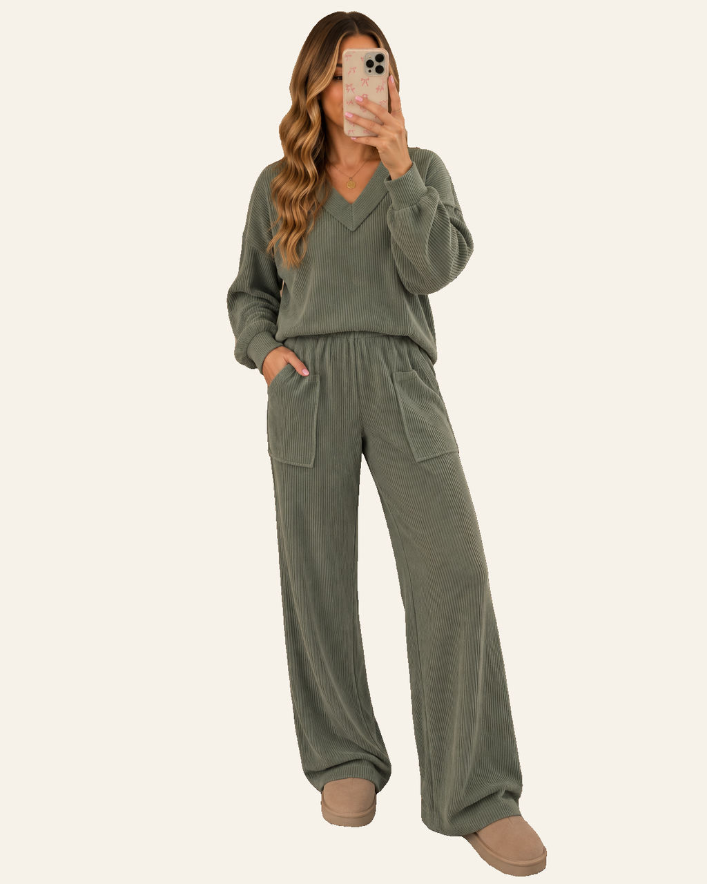 Four Leaf Clover Twisted Ribbed Exposed Seam Detail V Neck Pullover Plus Size Pant Set PREORDER ETA 3 WEEKS